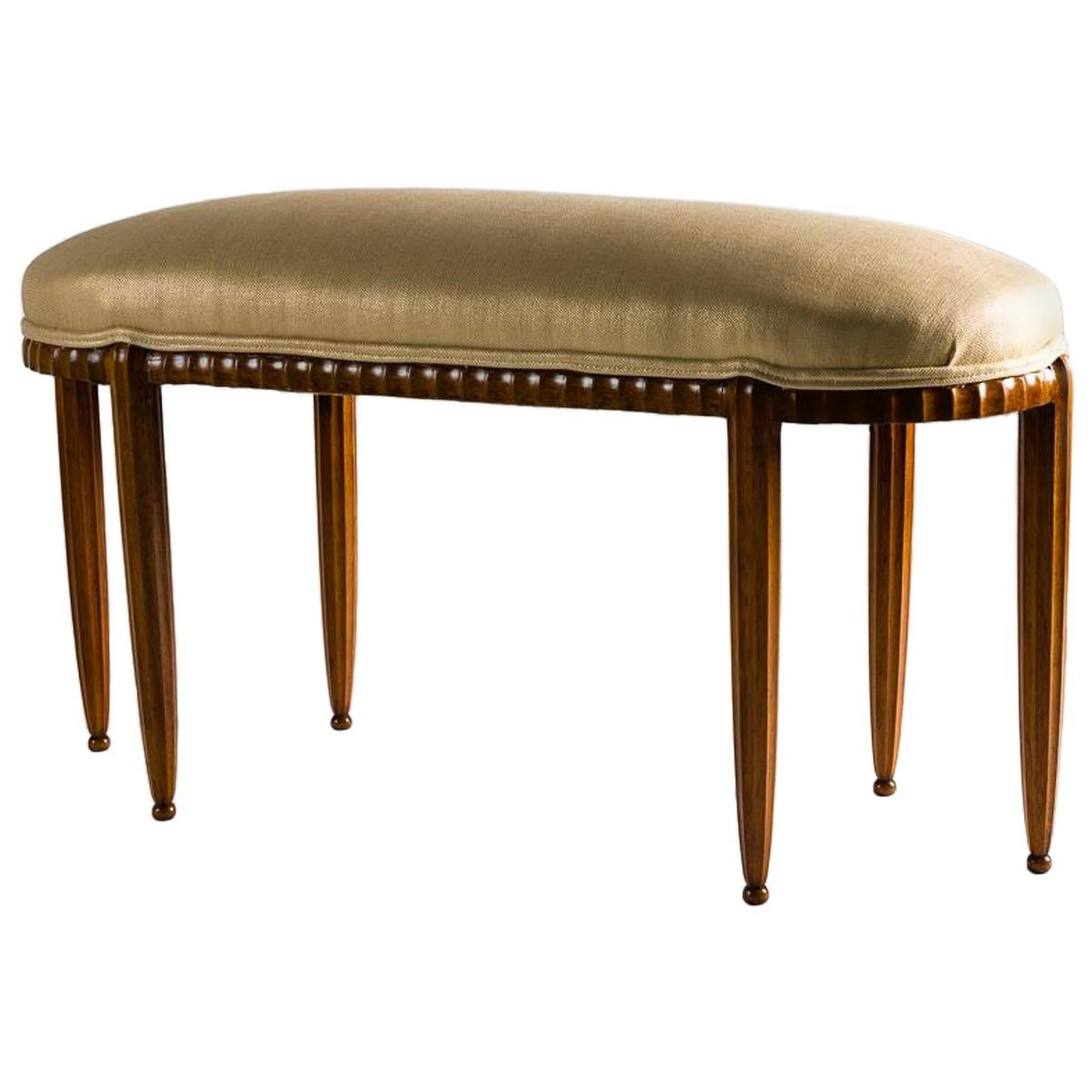 Jules Leleu, Art Deco Bench with Fluted Mahogany Frame, France, circa 1925 For Sale
