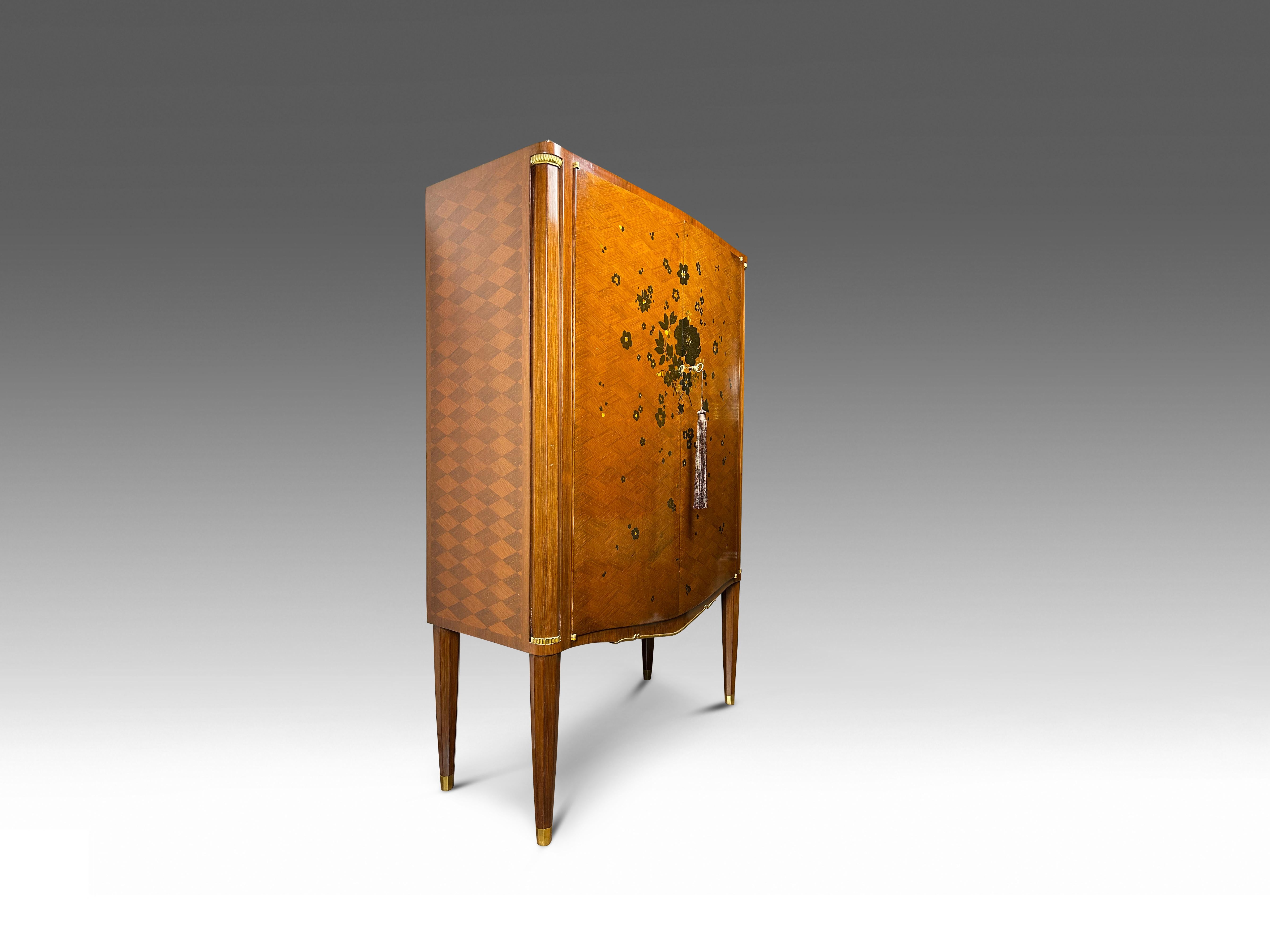 Jules Leleu Art Deco Cabinet with Floral Marquetry in Ebony and Mother of Pearl. For Sale 5