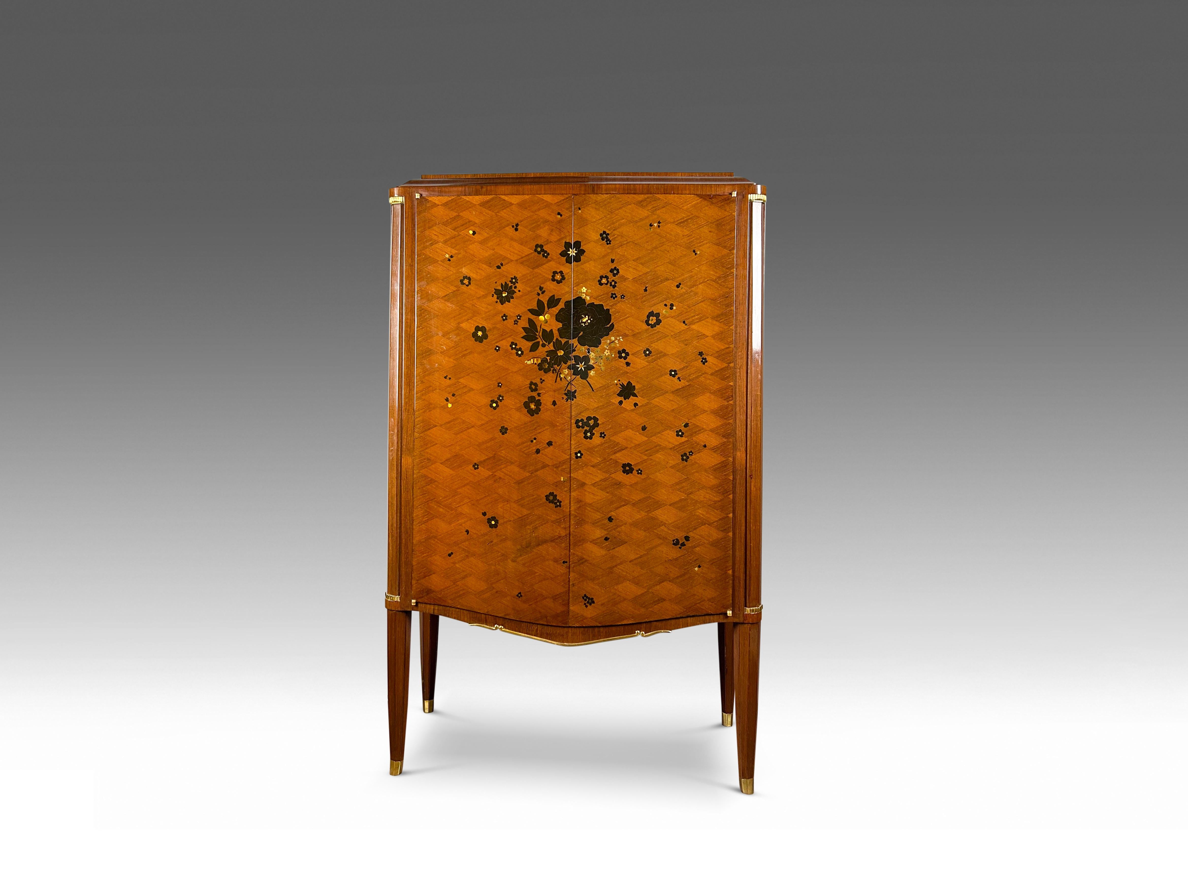 French Jules Leleu Art Deco Cabinet with Floral Marquetry in Ebony and Mother of Pearl. For Sale