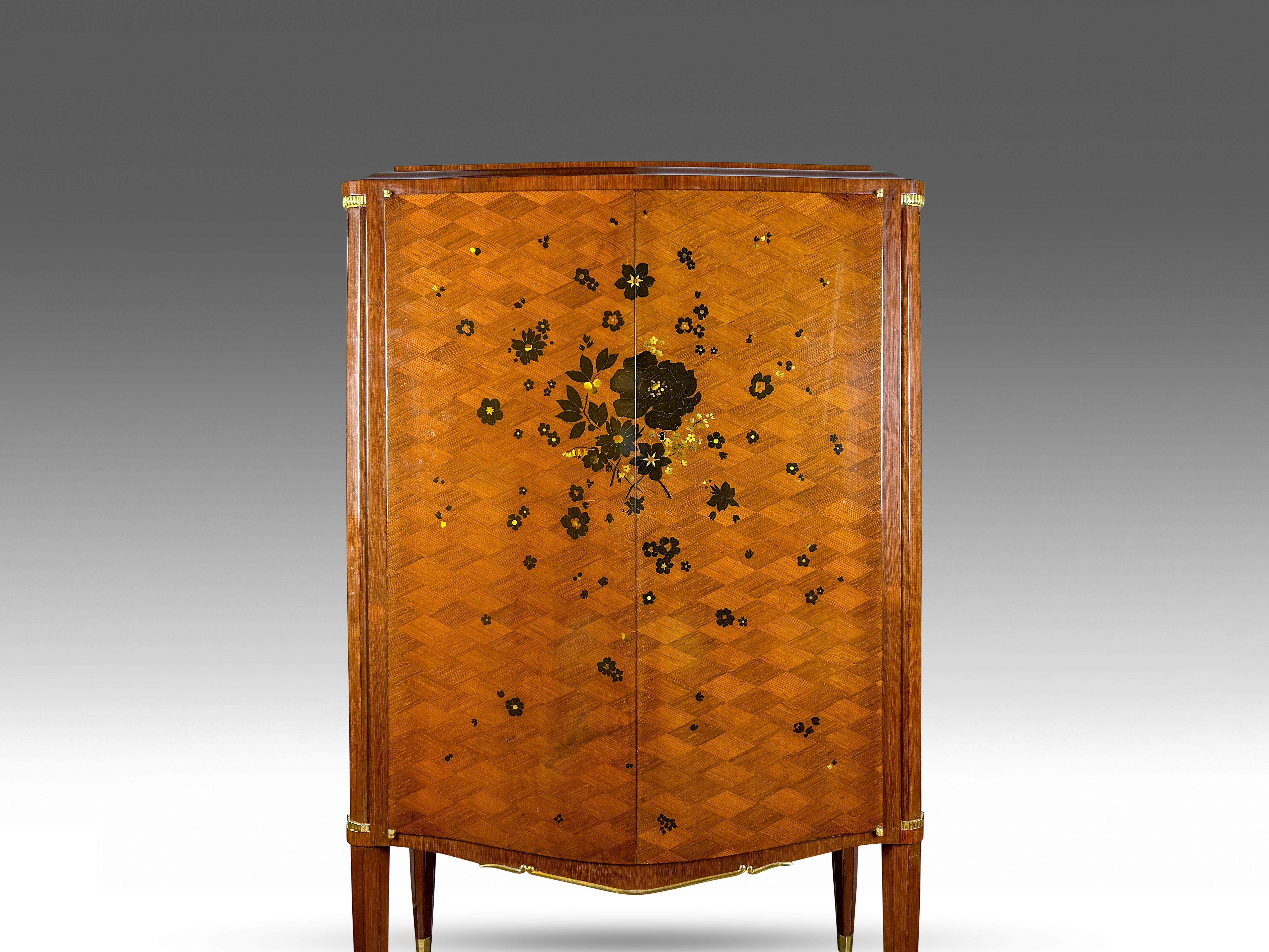 Jules Leleu Art Deco Cabinet with Floral Marquetry in Ebony and Mother of Pearl. In Good Condition For Sale In Dublin 8, IE