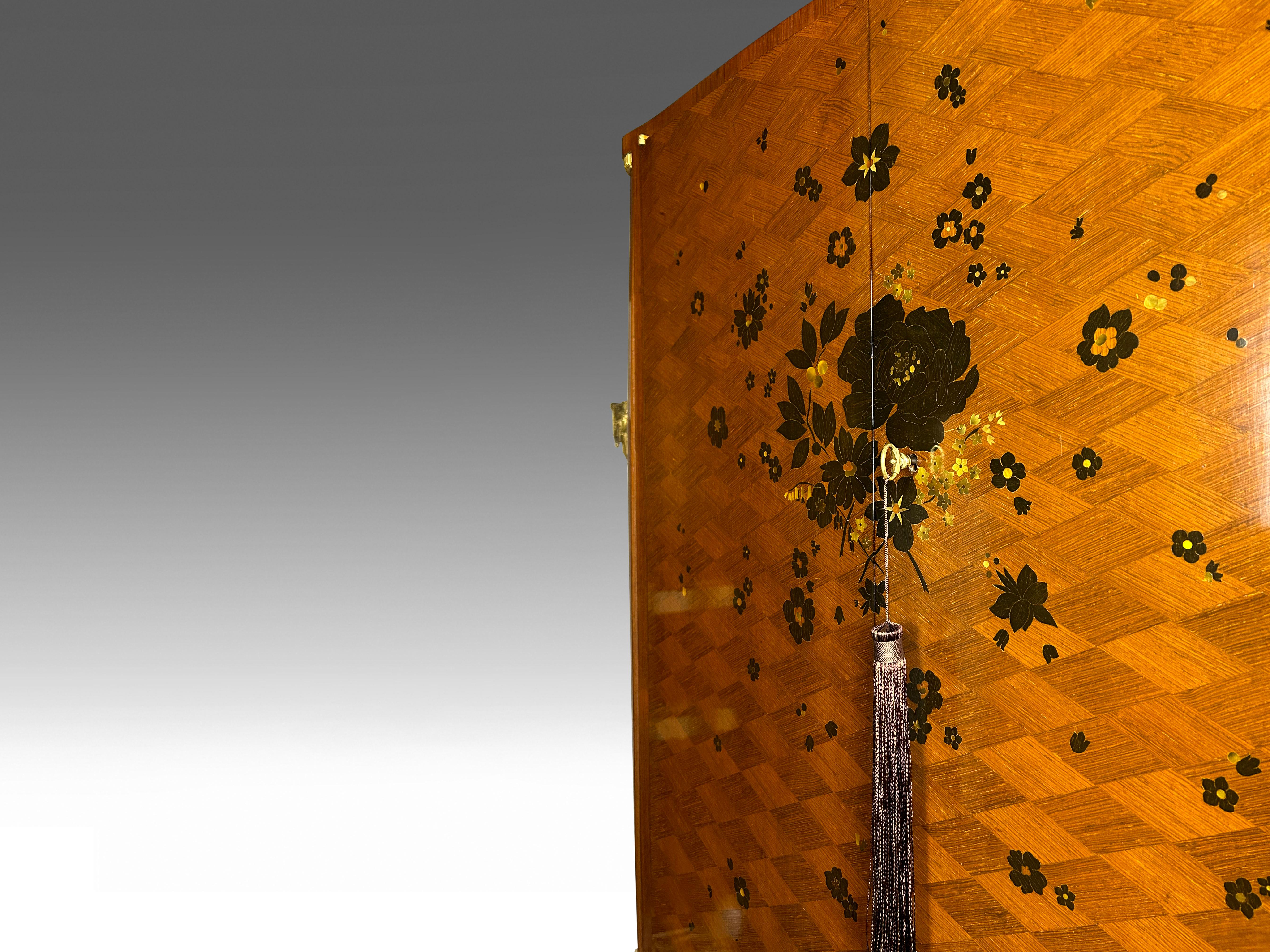 Mid-20th Century Jules Leleu Art Deco Cabinet with Floral Marquetry in Ebony and Mother of Pearl. For Sale