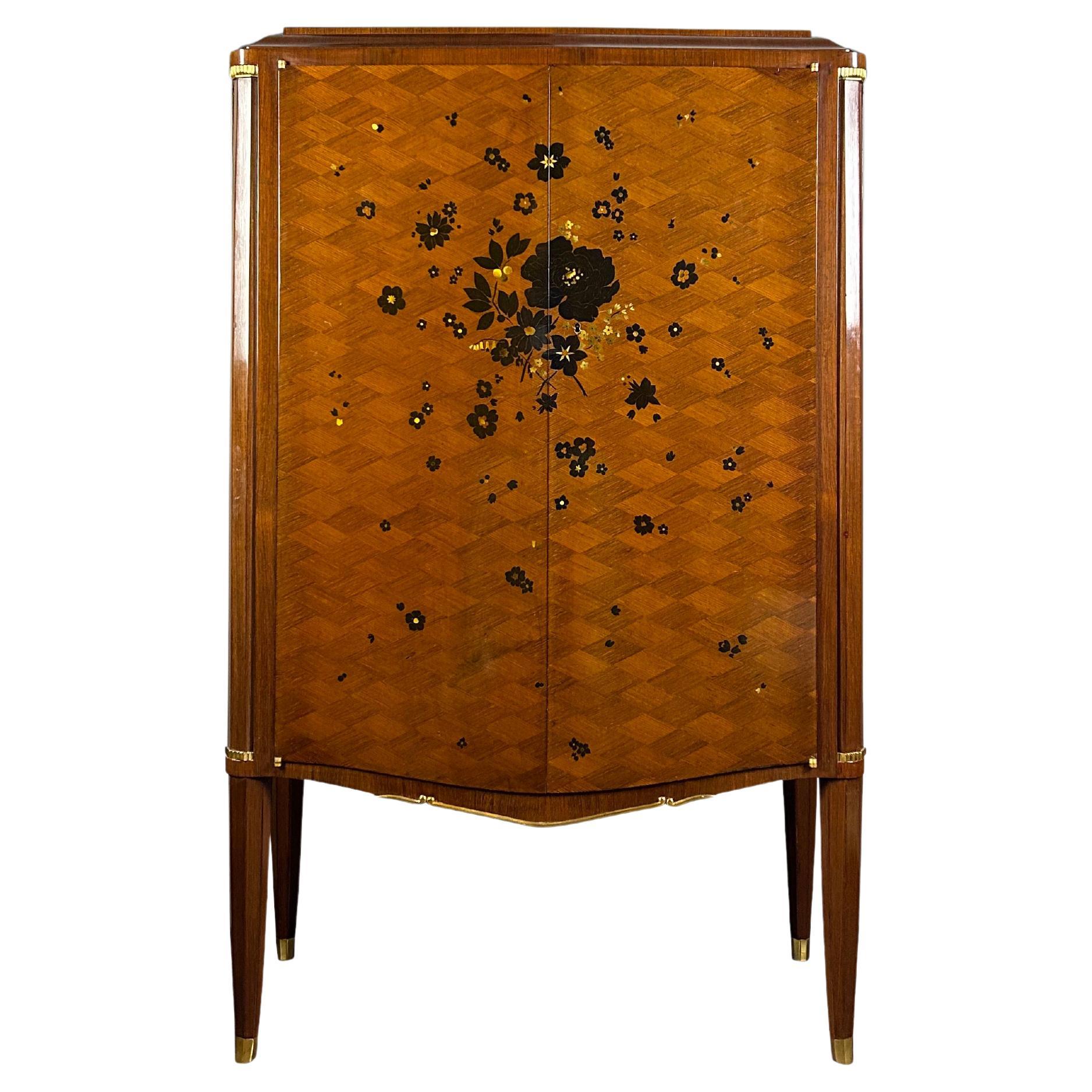 Jules Leleu Art Deco Cabinet with Floral Marquetry in Ebony and Mother of Pearl. For Sale