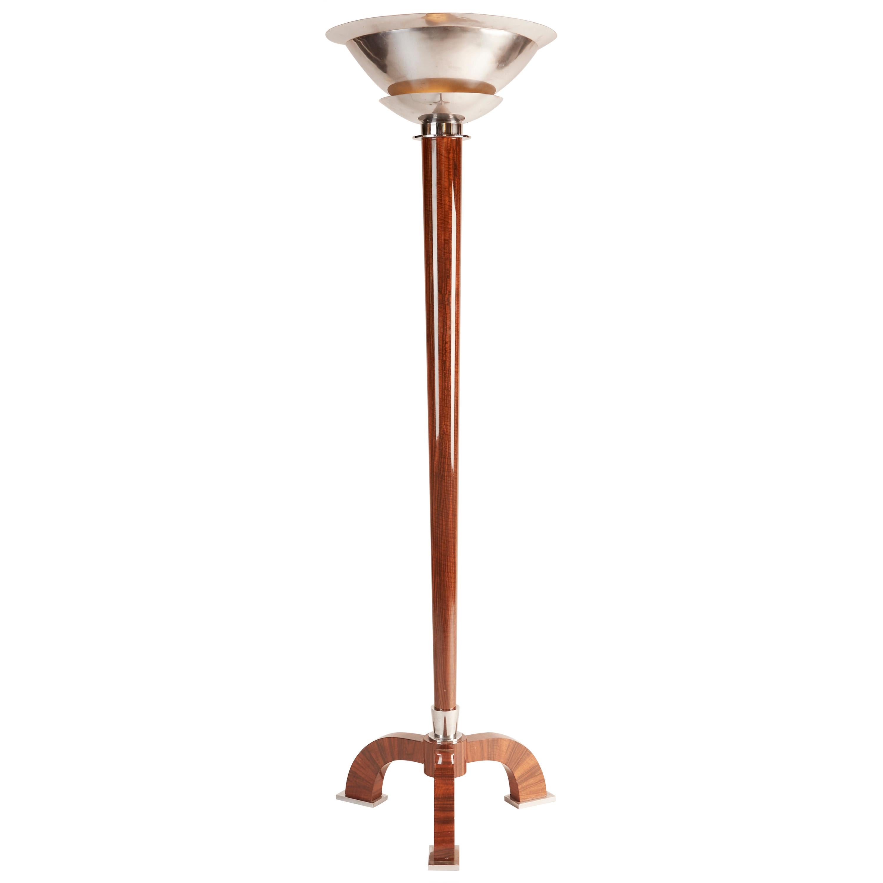 Jules Leleu, Art Deco Floor Lamp, Walnut and Chrome-Plated Bronze, France