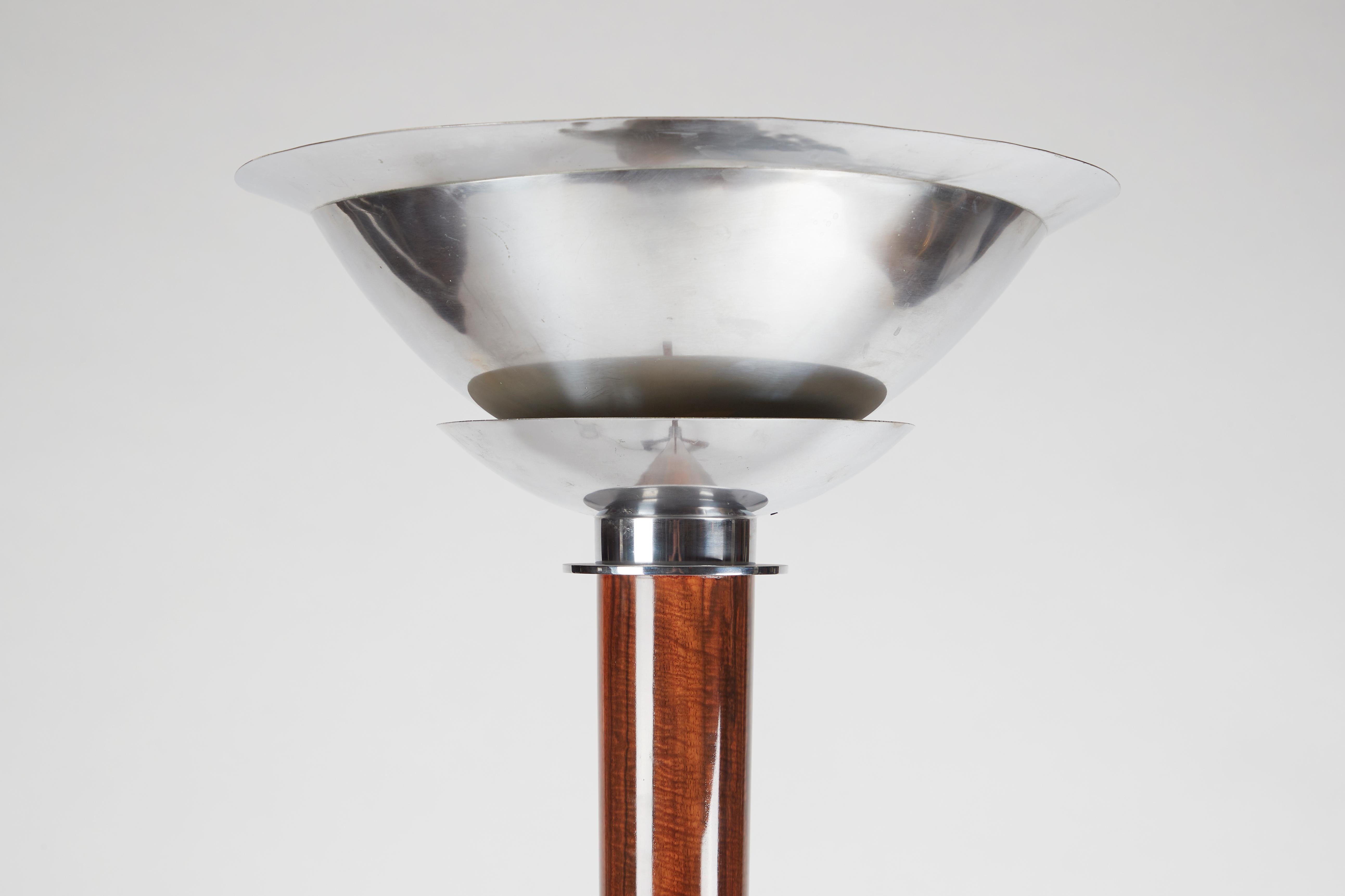 French Jules Leleu, Art Deco Floor Lamp, Walnut and Chrome-Plated Bronze, France
