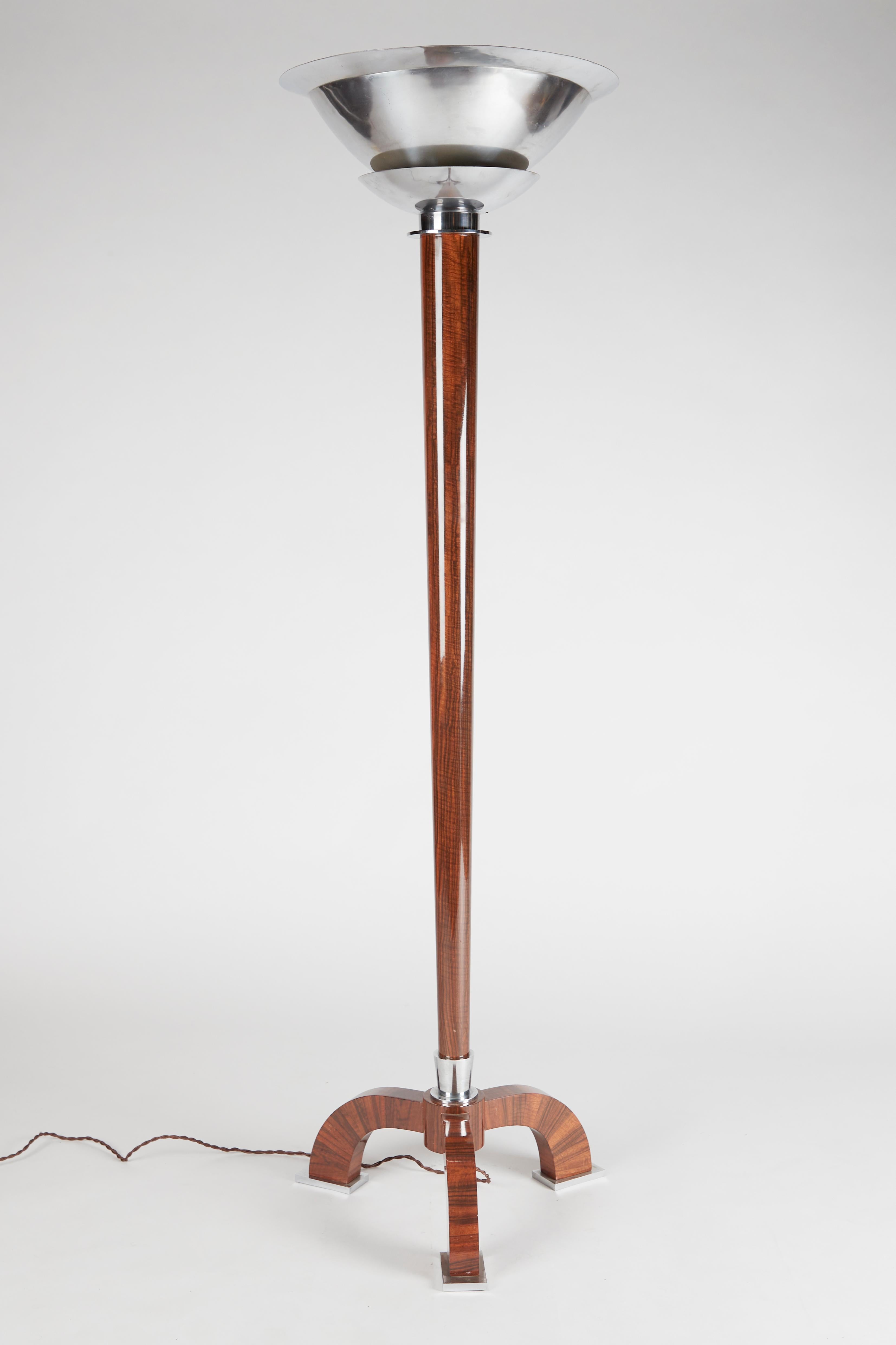 Jules Leleu, Art Deco Floor Lamp, Walnut and Chrome-Plated Bronze, France 1