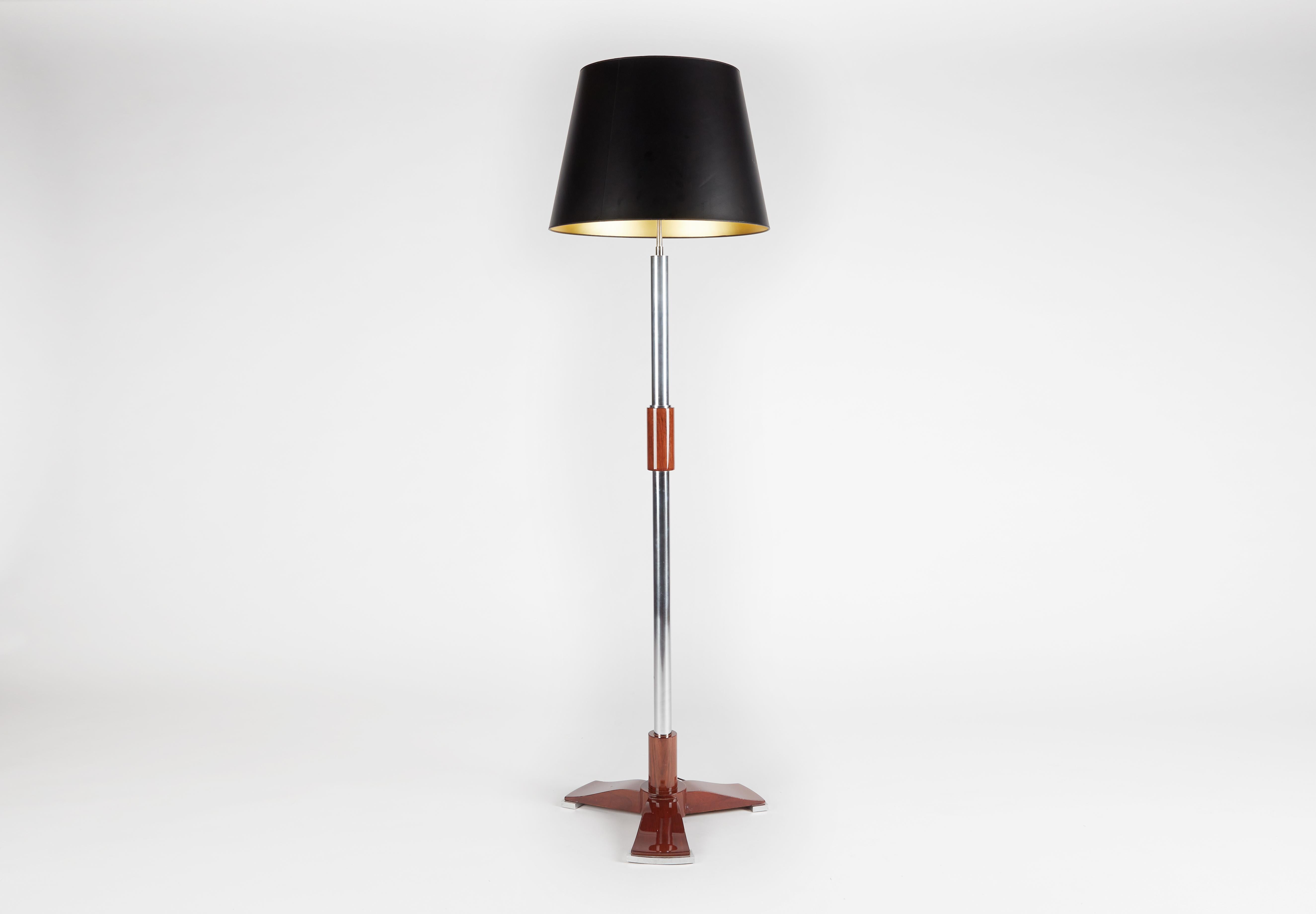 Jules Leleu, Art Deco Tripod Floor Lamp in Chrome and Walnut, France, C. 1932 In Good Condition In New York, NY