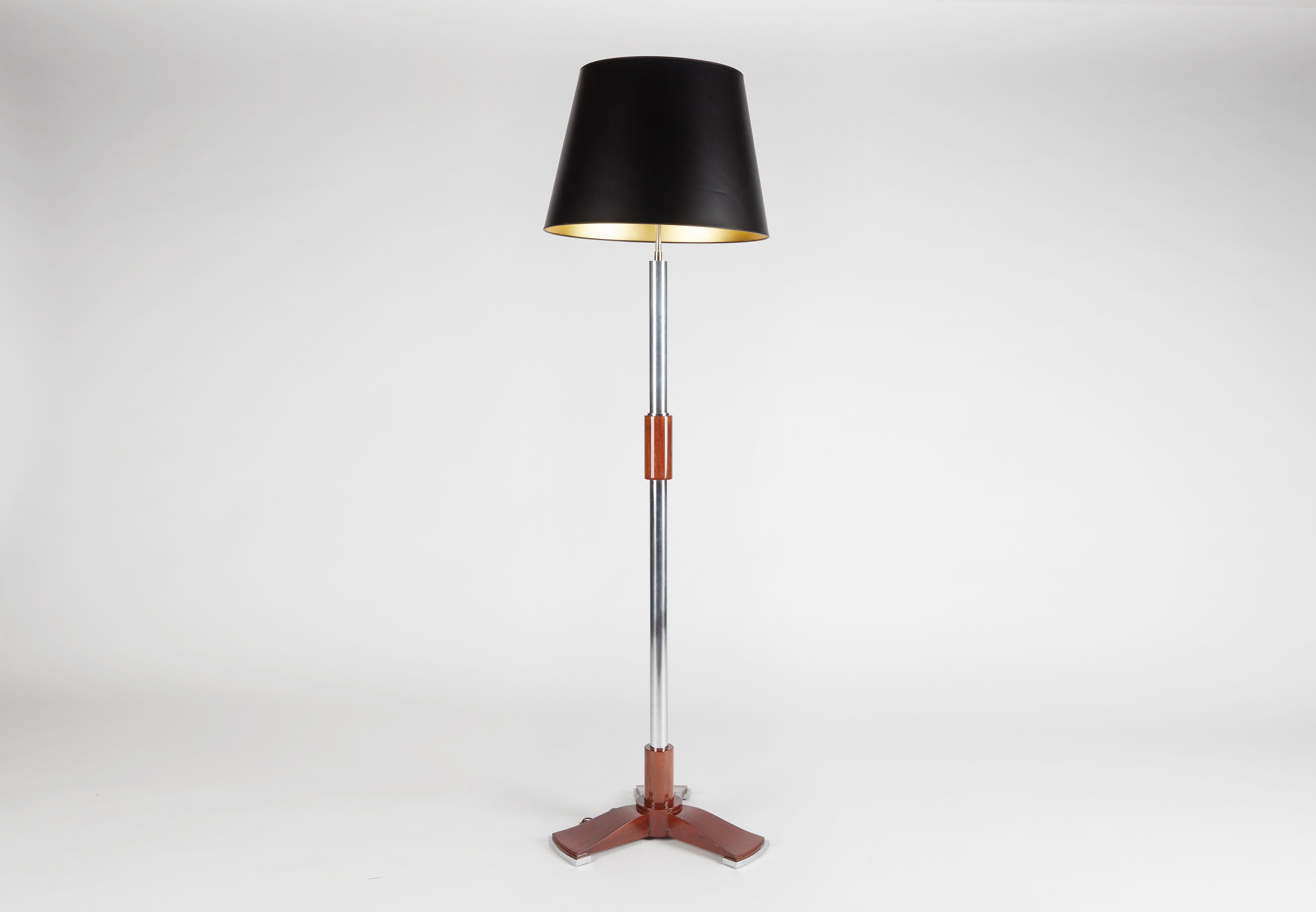 Mid-20th Century Jules Leleu, Art Deco Tripod Floor Lamp in Chrome and Walnut, France, C. 1932