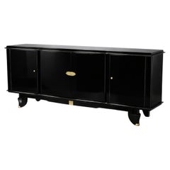 Jules Leleu Attributed Art Deco Sideboard, Walnut, Black Lacquer & Brass, France