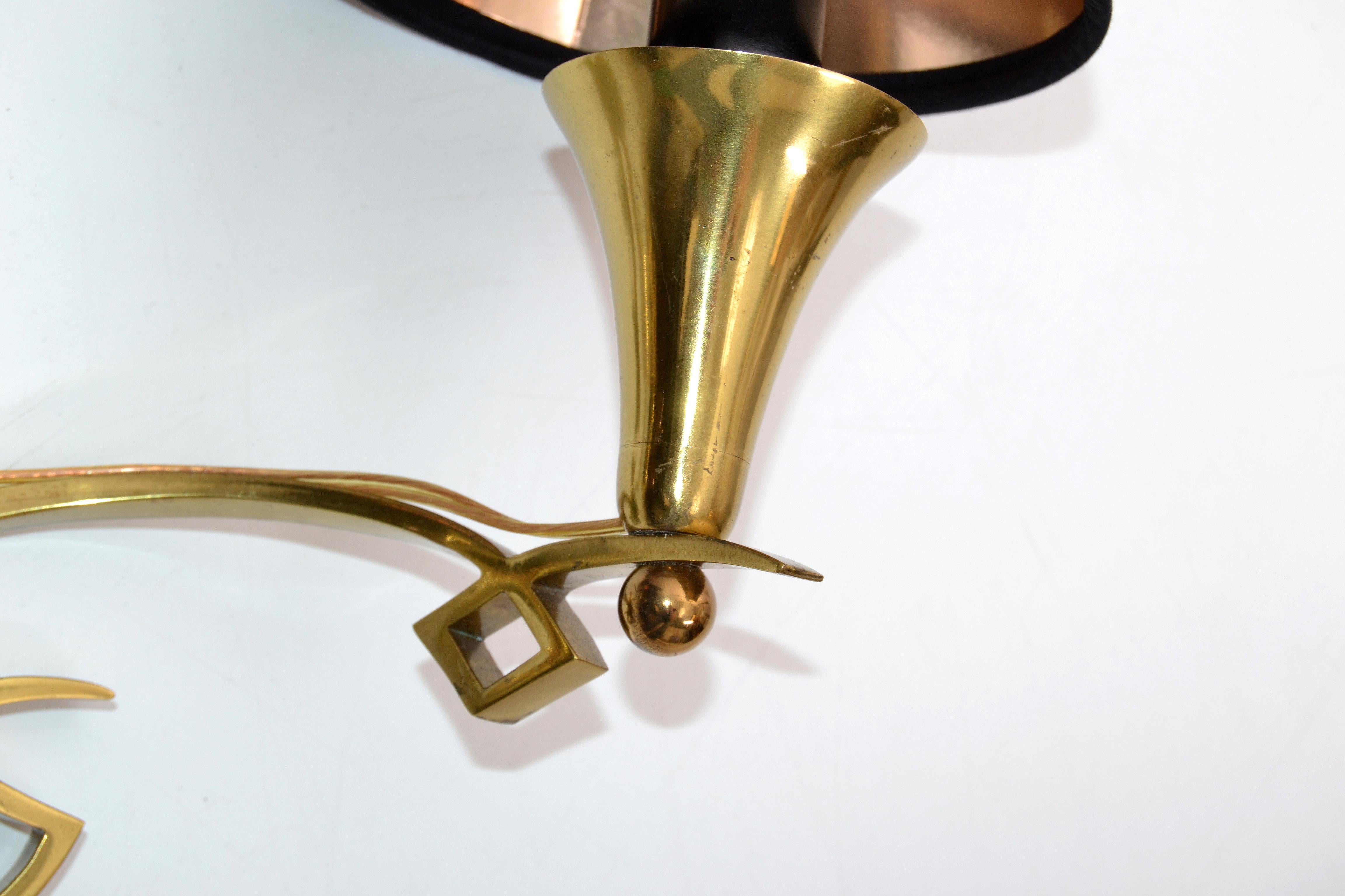 Jules Leleu Bronze Sconces Wall Lights Black & Gold Shades Mid-Century Modern For Sale 4