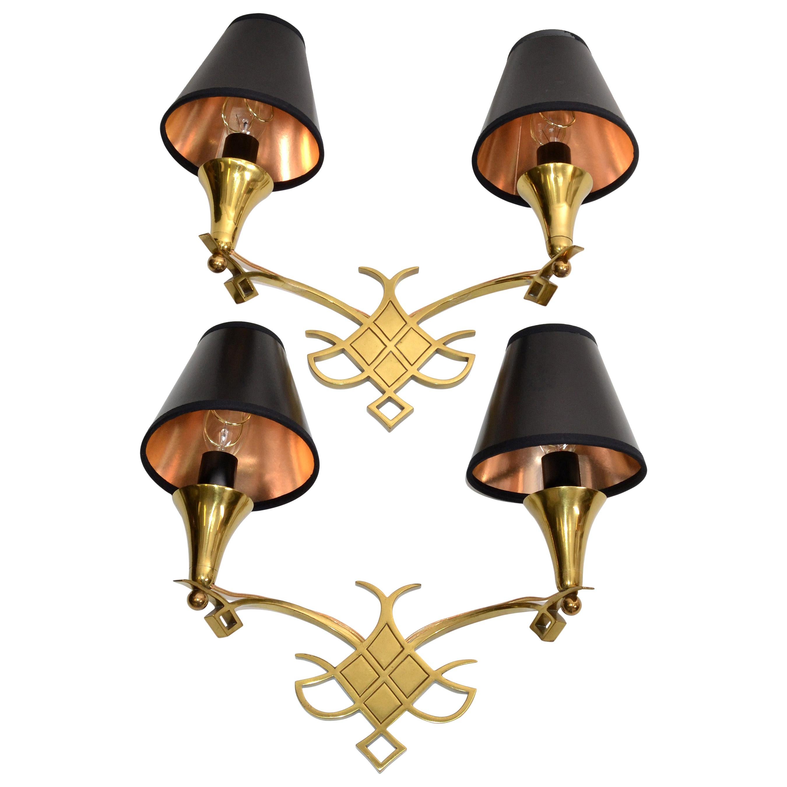 Jules Leleu Bronze Sconces Wall Lights Black & Gold Shades Mid-Century Modern For Sale