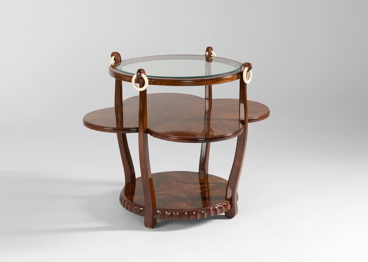 Art Deco Jules Leleu, Burled Clover-shaped Tea Table with Glass Top, France, c. 1924