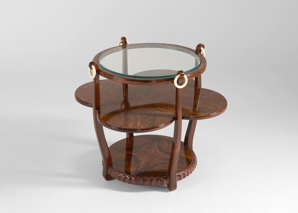 French Jules Leleu, Burled Clover-shaped Tea Table with Glass Top, France, c. 1924