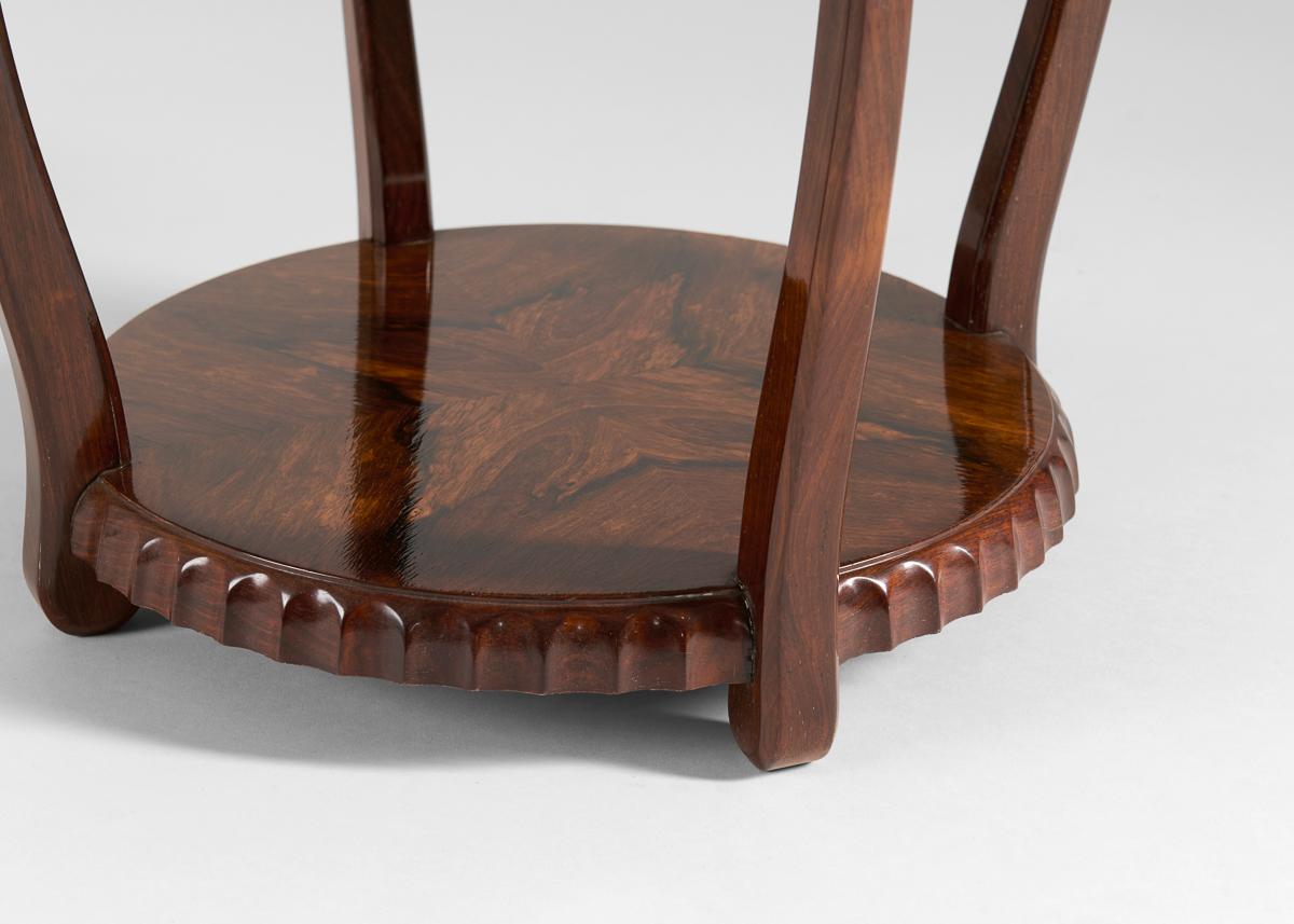 Early 20th Century Jules Leleu, Burled Clover-shaped Tea Table with Glass Top, France, c. 1924
