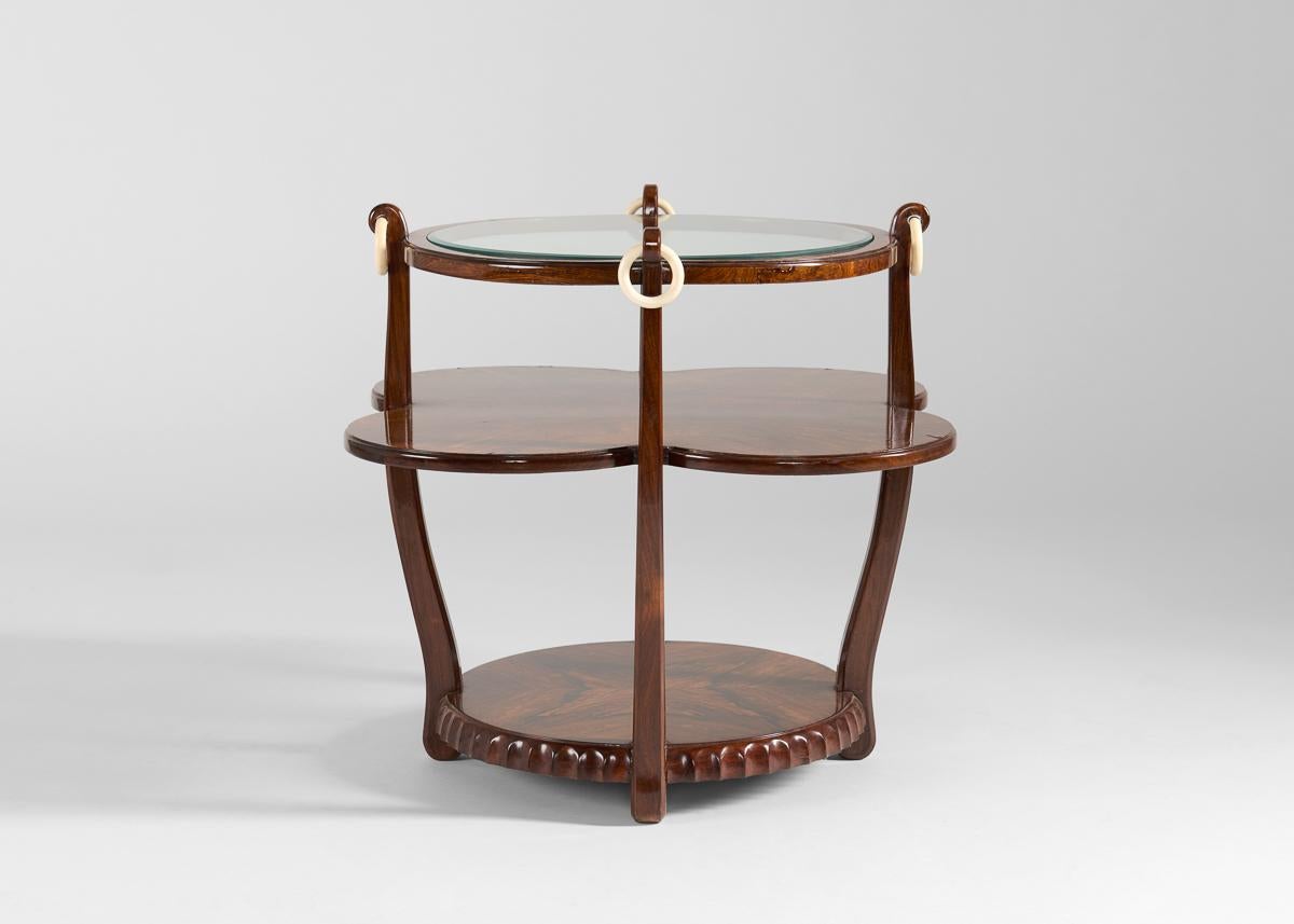 Bone Jules Leleu, Burled Clover-shaped Tea Table with Glass Top, France, c. 1924