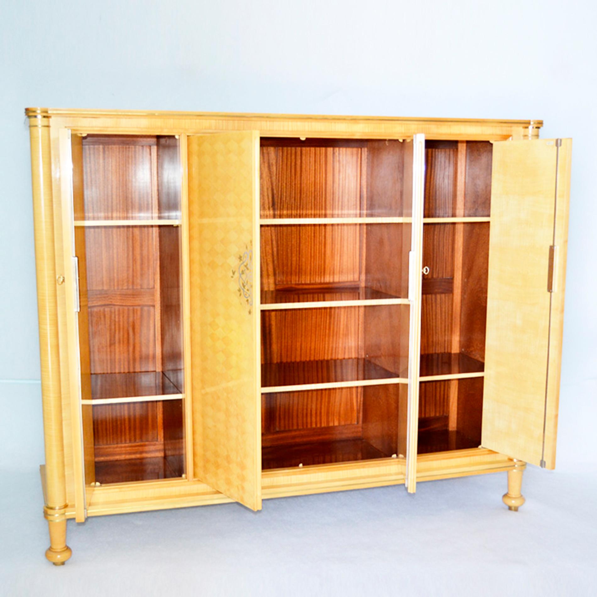 Mid-Century Modern Jules Leleu Cabinet in Sycamore Wood with Marquetry, Signed, 1951, France For Sale