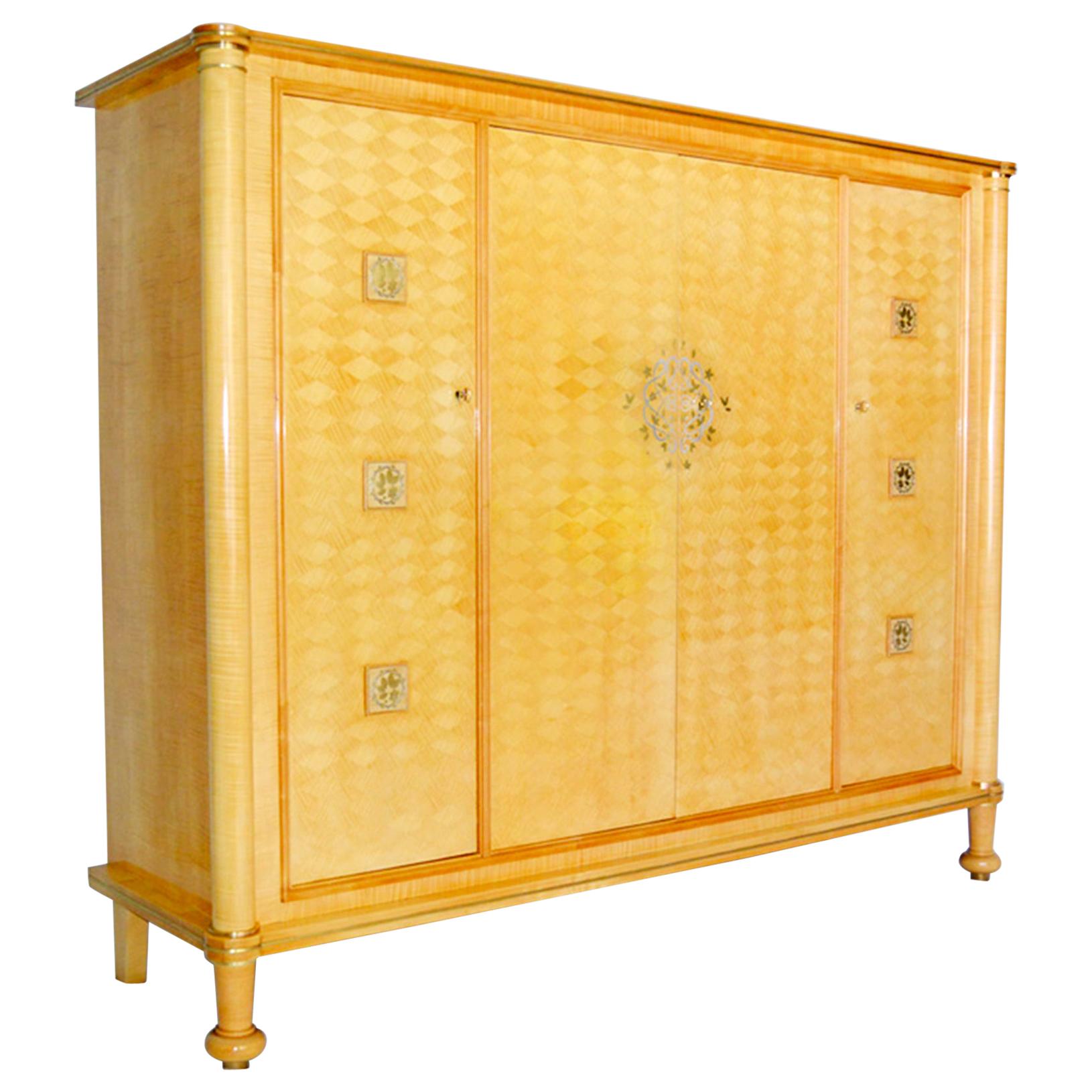 Jules Leleu Cabinet in Sycamore Wood with Marquetry, Signed, 1951, France For Sale
