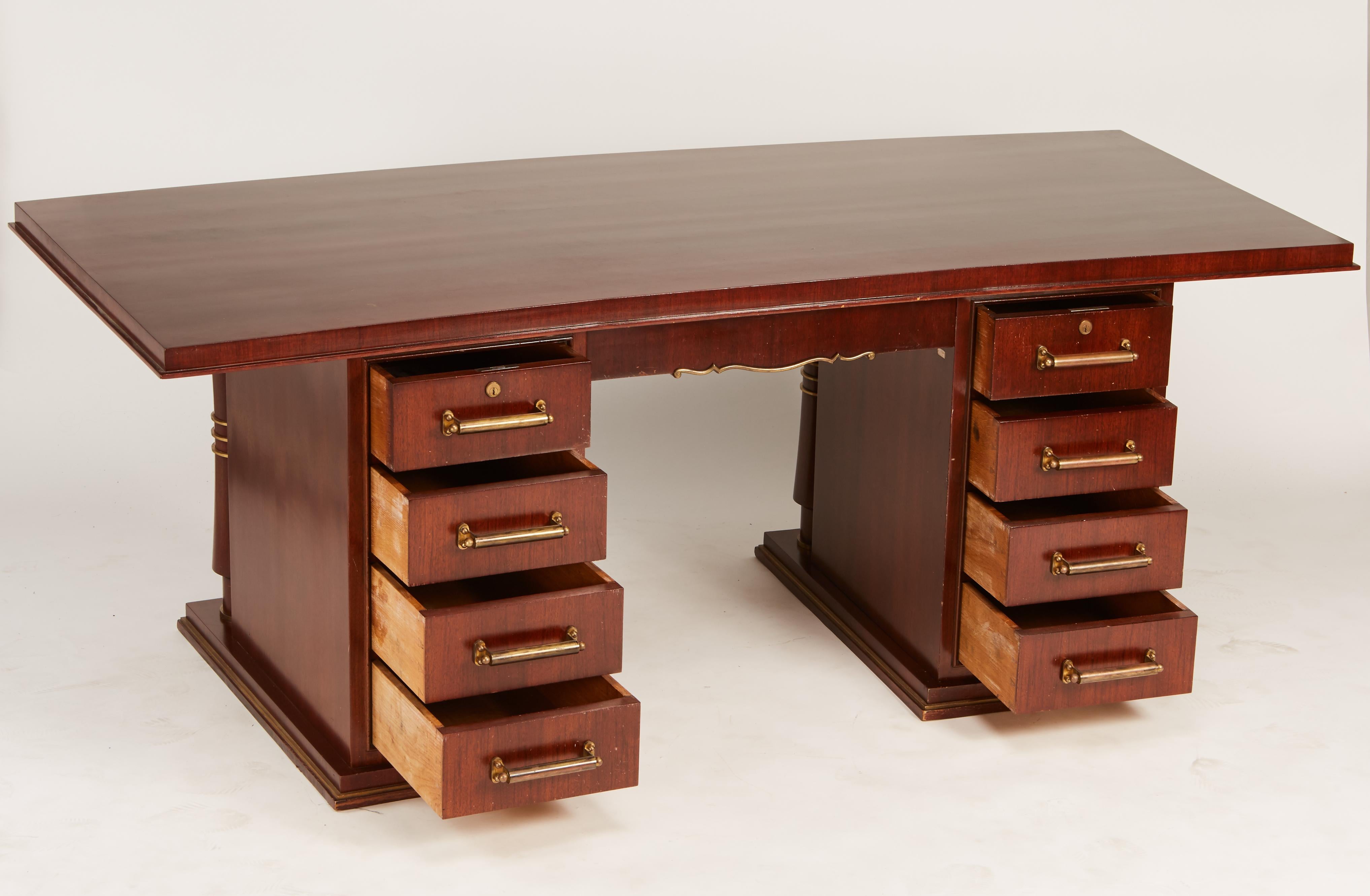 Jules Leleu Double Pedestal Mahogany Art Deco Desk with Gilt Bronze Details For Sale 6