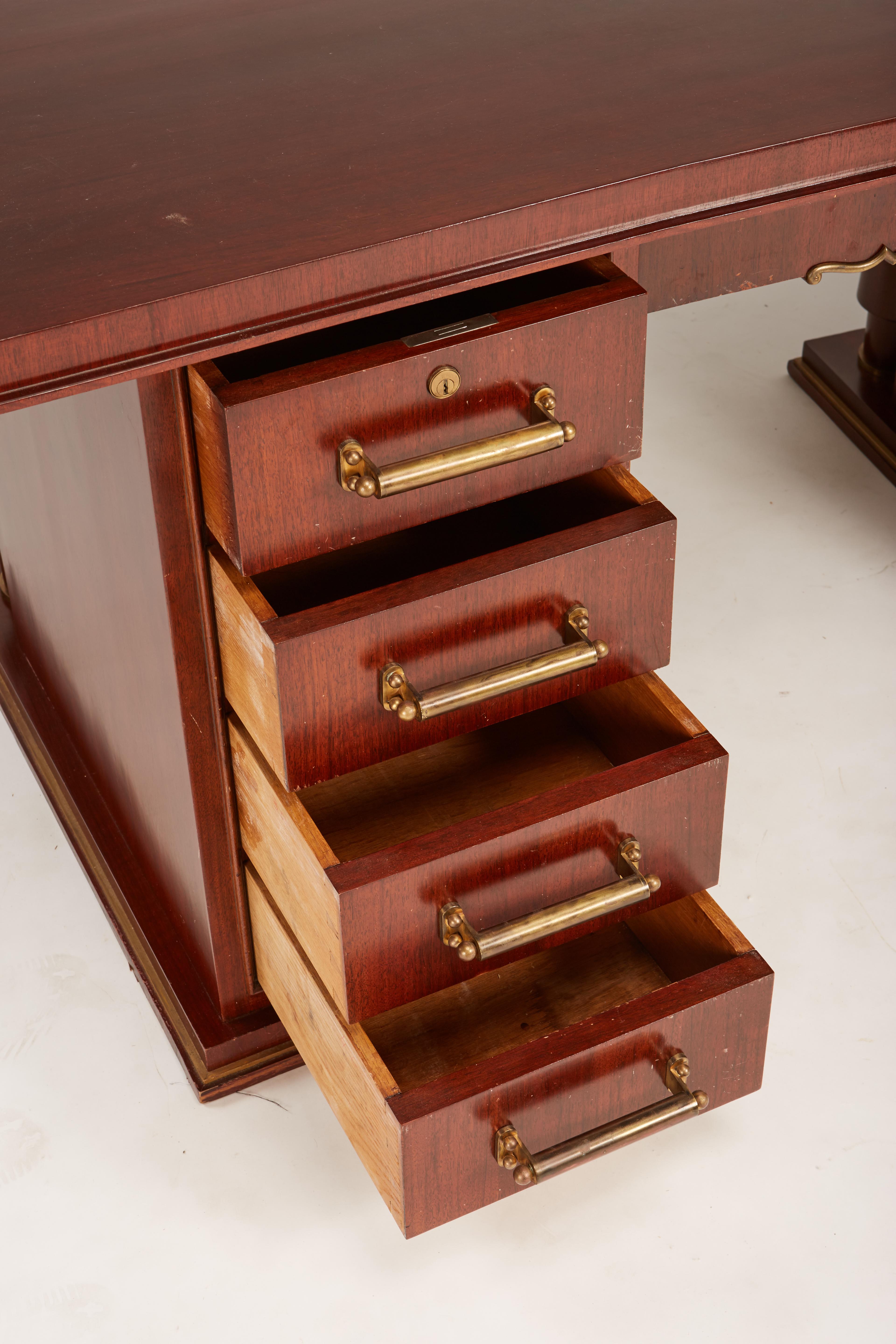 Jules Leleu Double Pedestal Mahogany Art Deco Desk with Gilt Bronze Details For Sale 7
