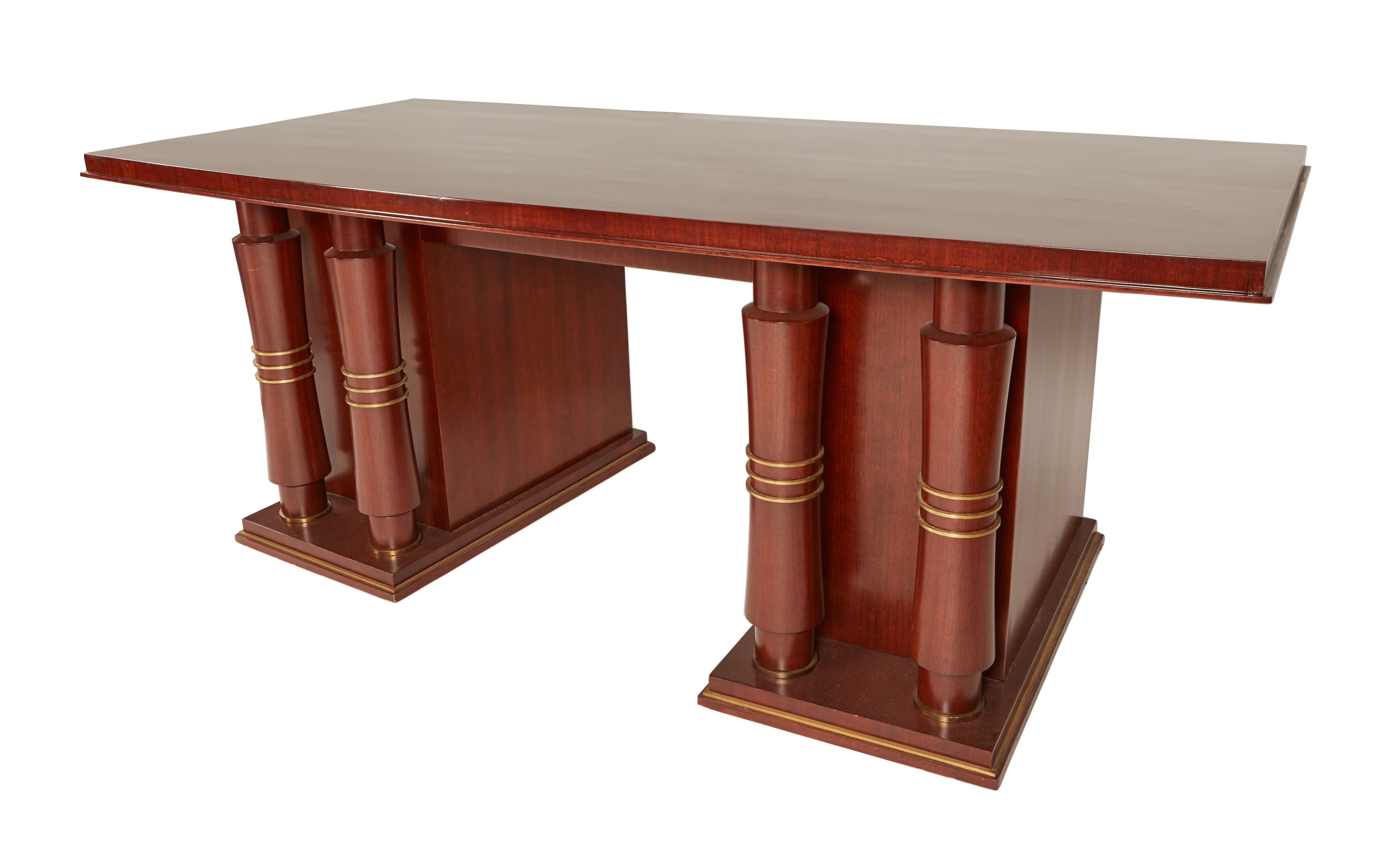 Jules Leleu Double Pedestal Mahogany Art Deco Desk with Gilt Bronze Details In Good Condition For Sale In St. Louis, MO