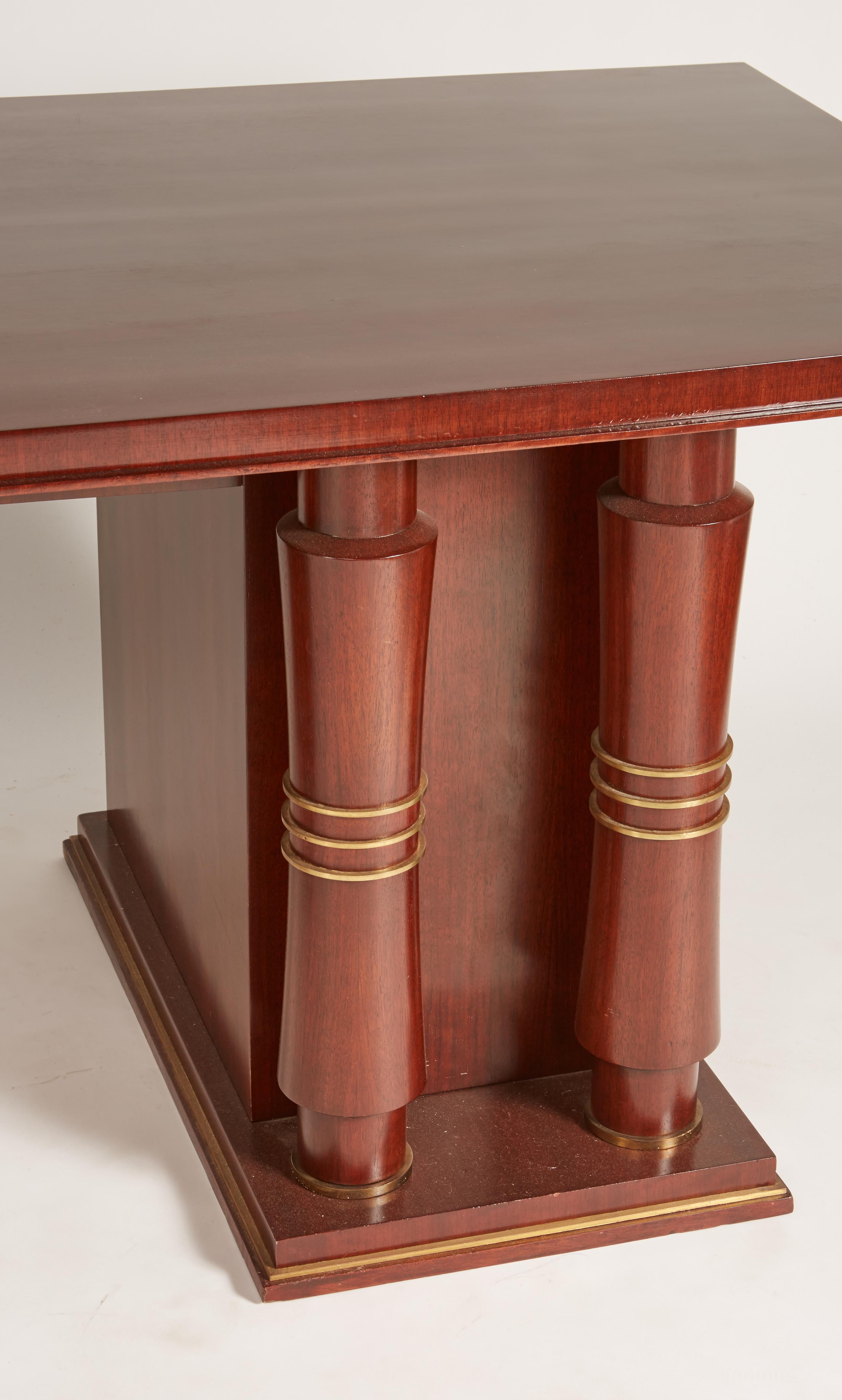 Mid-20th Century Jules Leleu Double Pedestal Mahogany Art Deco Desk with Gilt Bronze Details For Sale