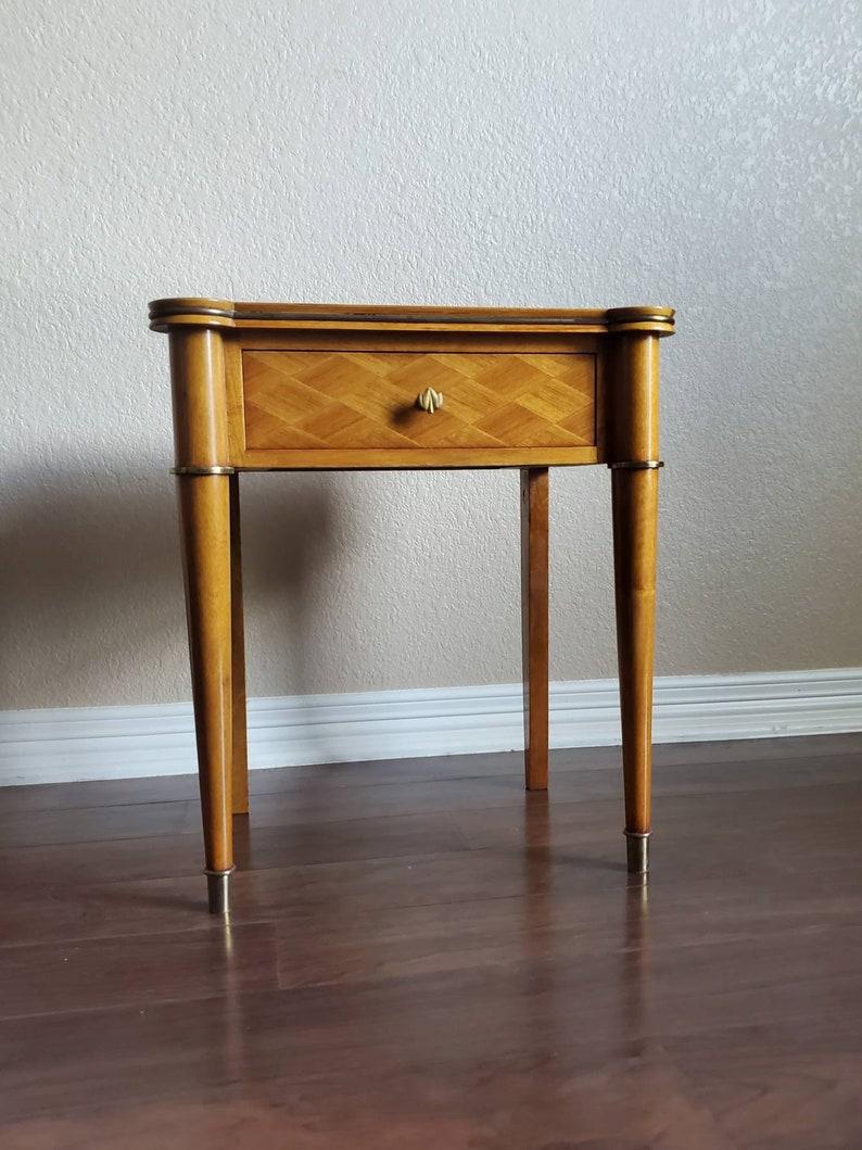 Parquetry Jules Leleu French Art Deco Bedside Nightstand For Sale