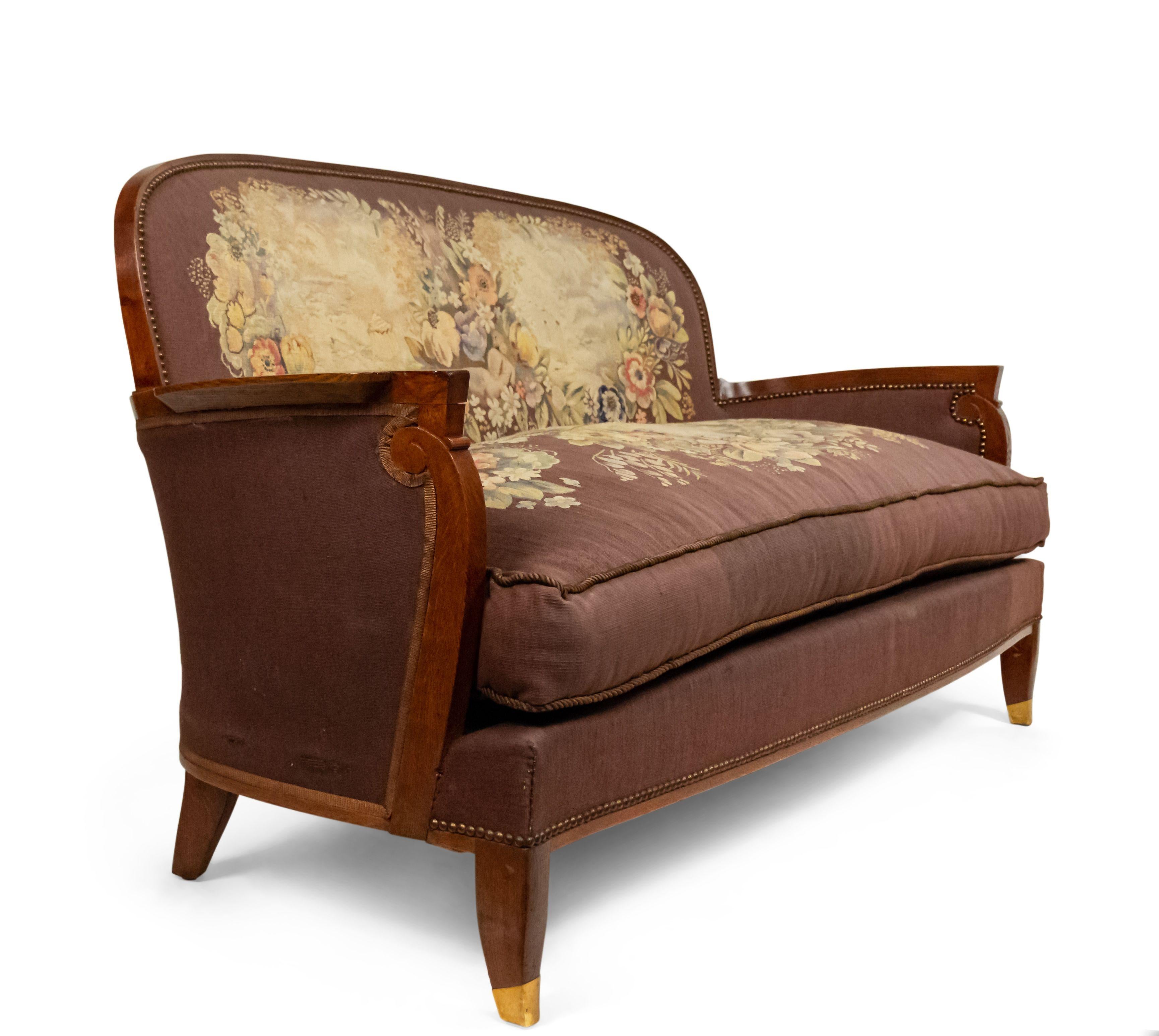 French Art Deco loveseat with tapestry upholstery (seat cushion AS IS) having a round back & scroll design arm (by JULES LELEU) (c.1940) Ref: Decorateurs Ensemble, Francoise Siriex) (similar bergeres: GRL4554, 2 arms: CHM006)

There is a slight tear