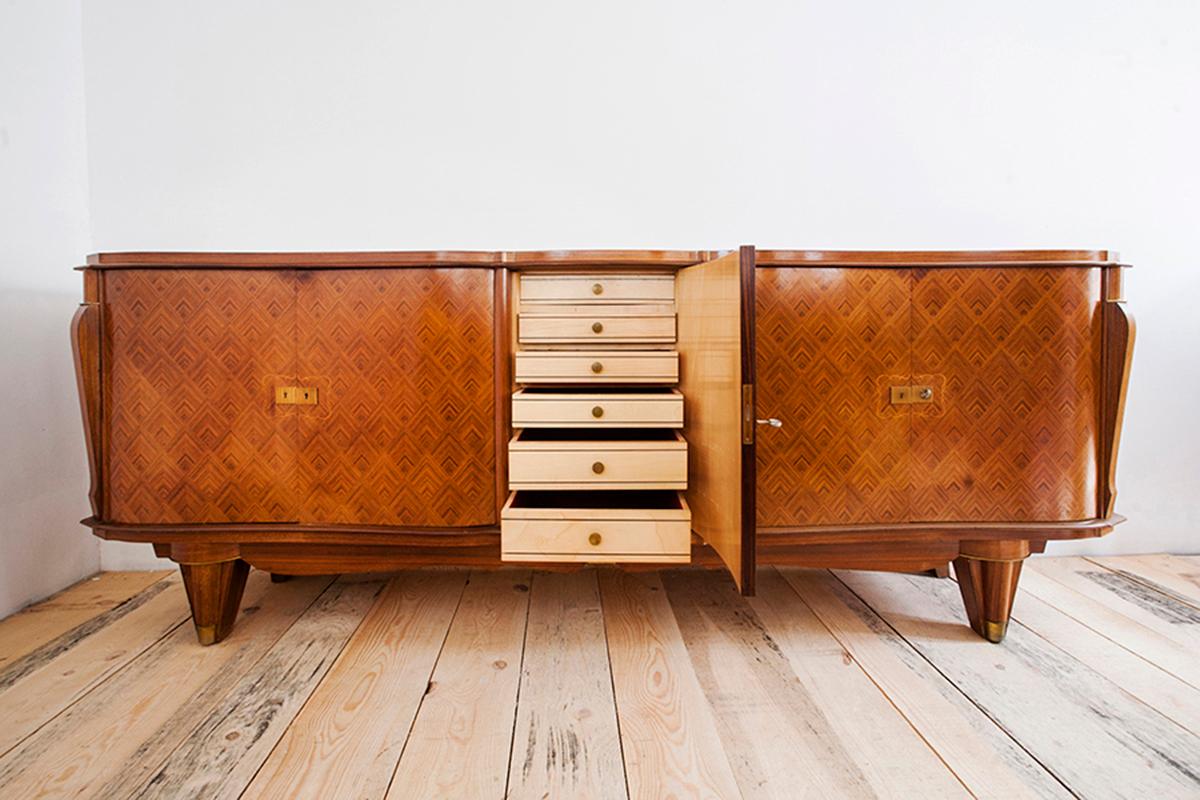 Jules Leleu French Rosewood Diamond Marquetry Art Deco Sideboard, 1940's In Good Condition For Sale In Sofia, BG