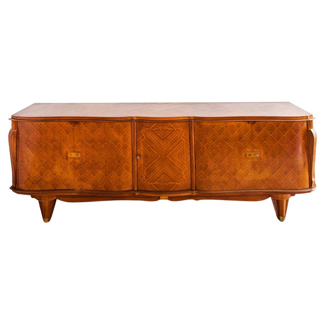 Jules Leleu French Rosewood Diamond Marquetry Art Deco Sideboard, 1940's For Sale