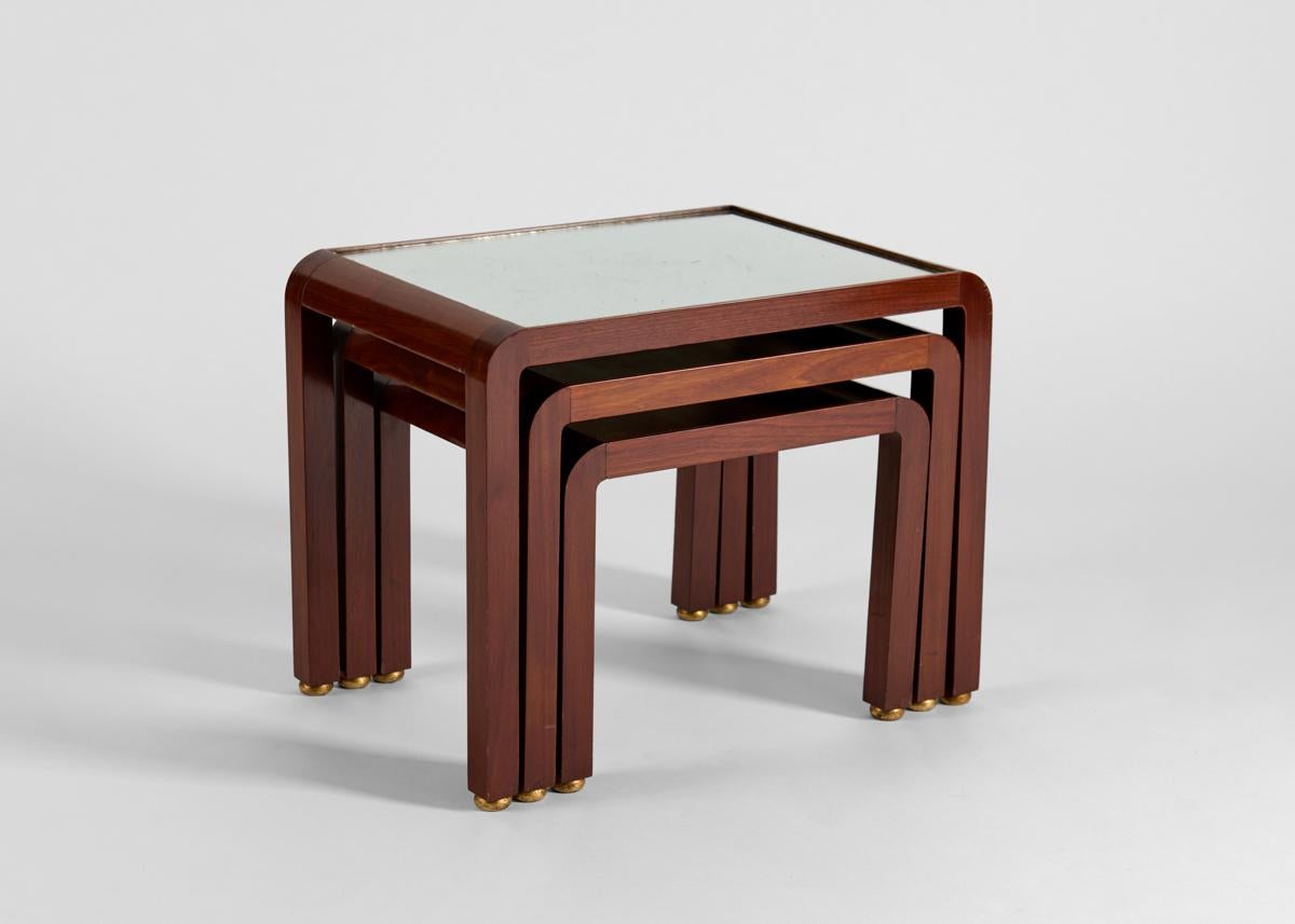 Art Deco Jules Leleu, Lacquered & Mirror-topped Nesting Tables, France, circa 1946