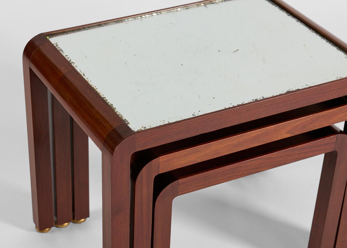 French Jules Leleu, Lacquered & Mirror-topped Nesting Tables, France, circa 1946