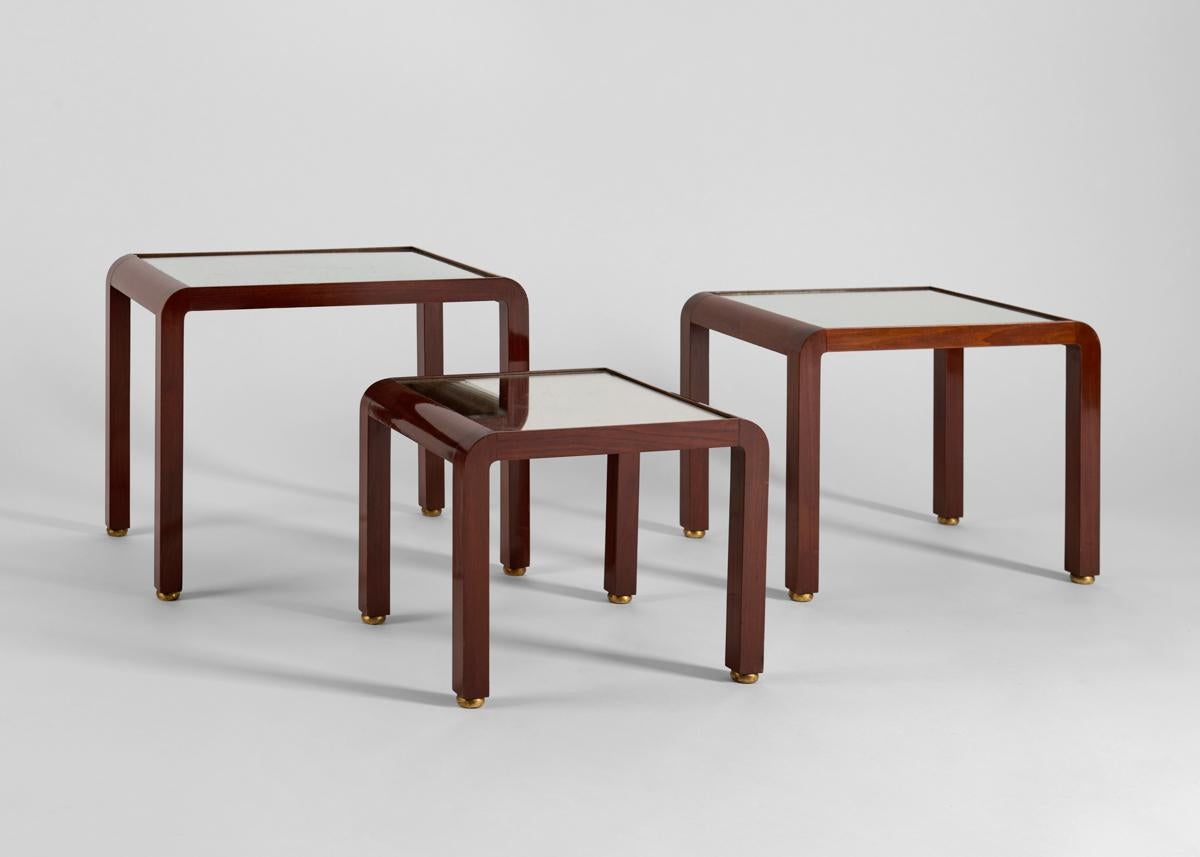 Jules Leleu, Lacquered & Mirror-topped Nesting Tables, France, circa 1946 In Good Condition In New York, NY
