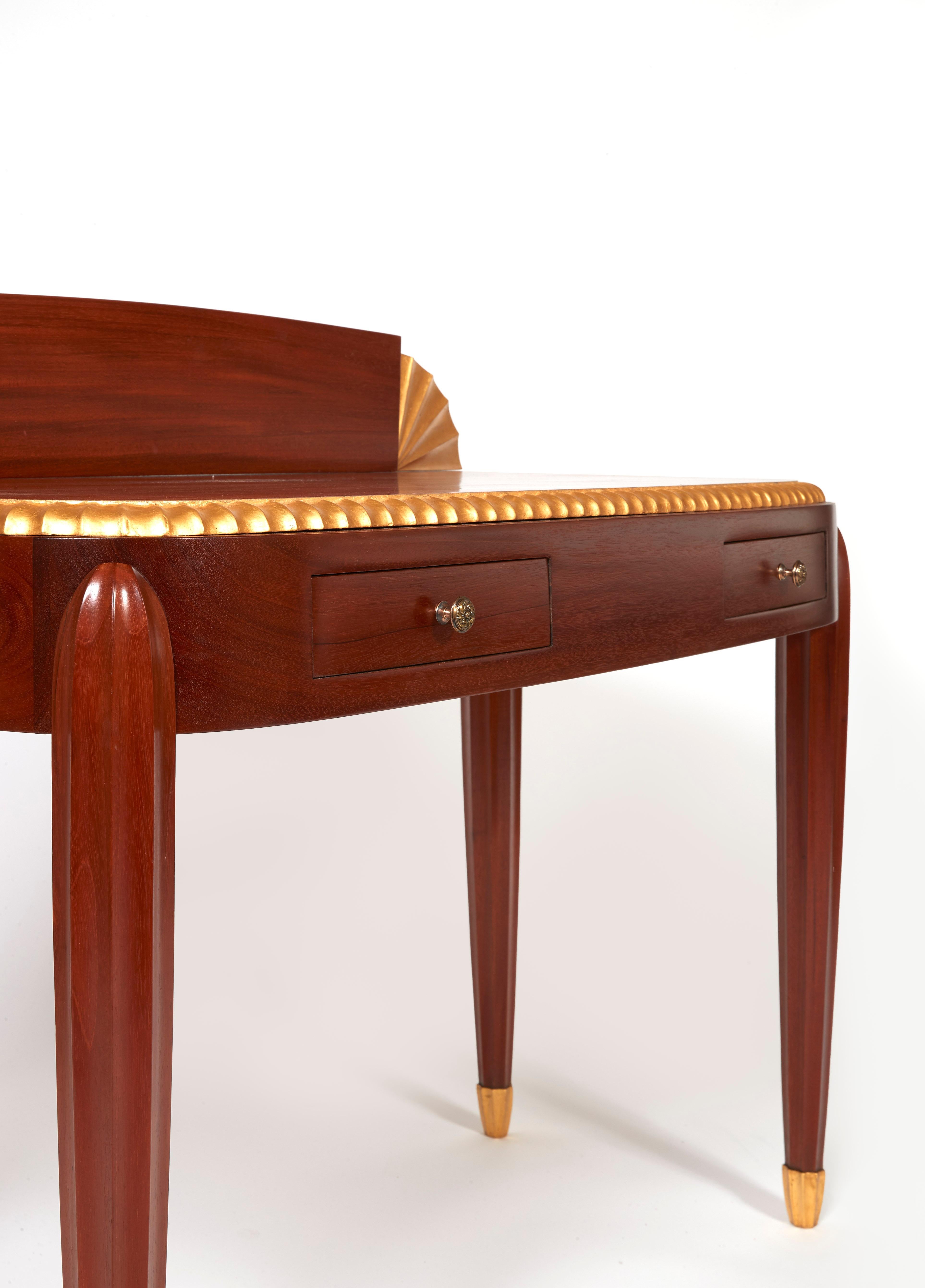 Jules Leleu, Lady's Writing Desk in Mahogany Wood and Golden Leaves, circa 1925 (Art déco)