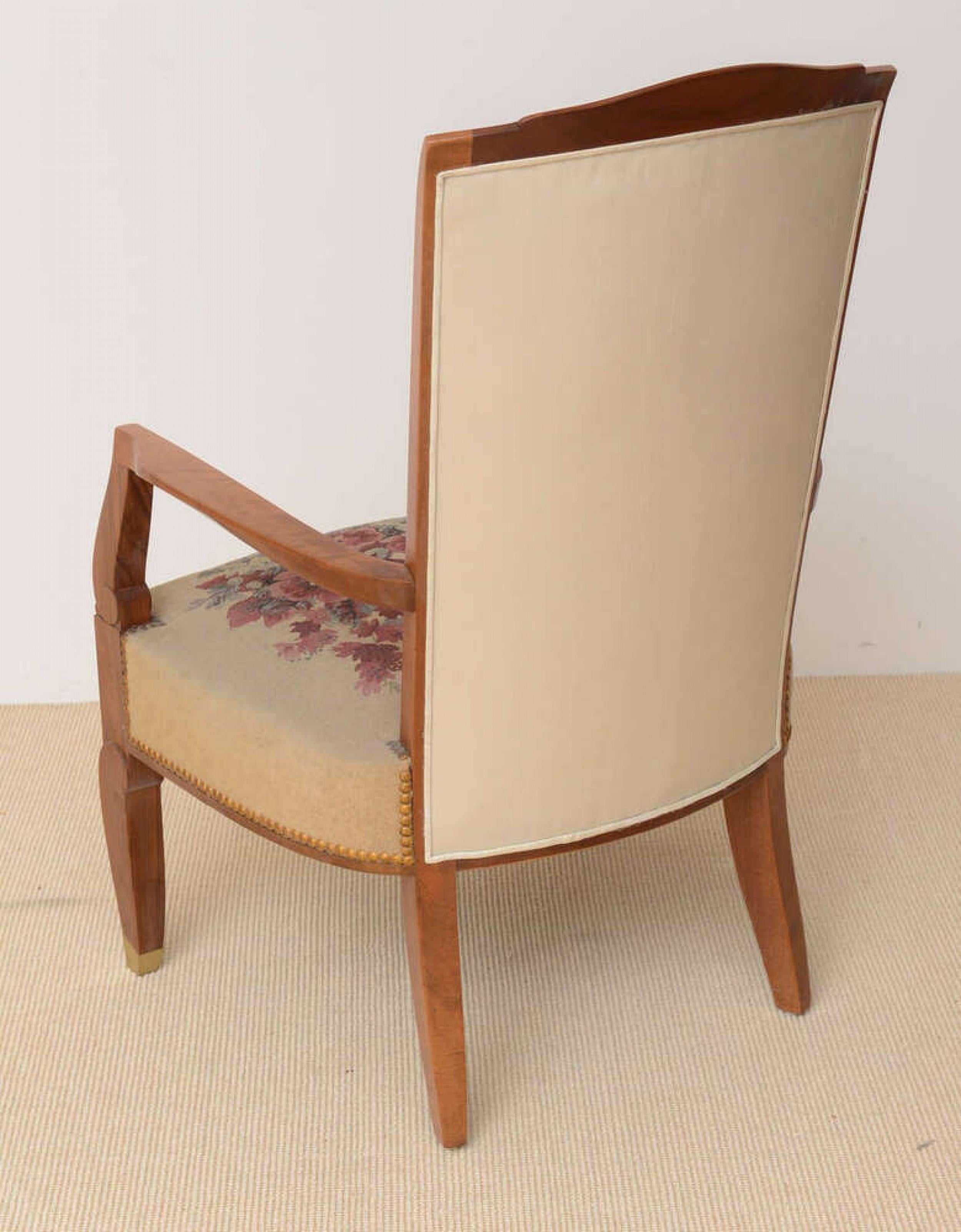 Jules Leleu Late Art Deco French Mahogany Open Armchair in Original Tapestry For Sale 5