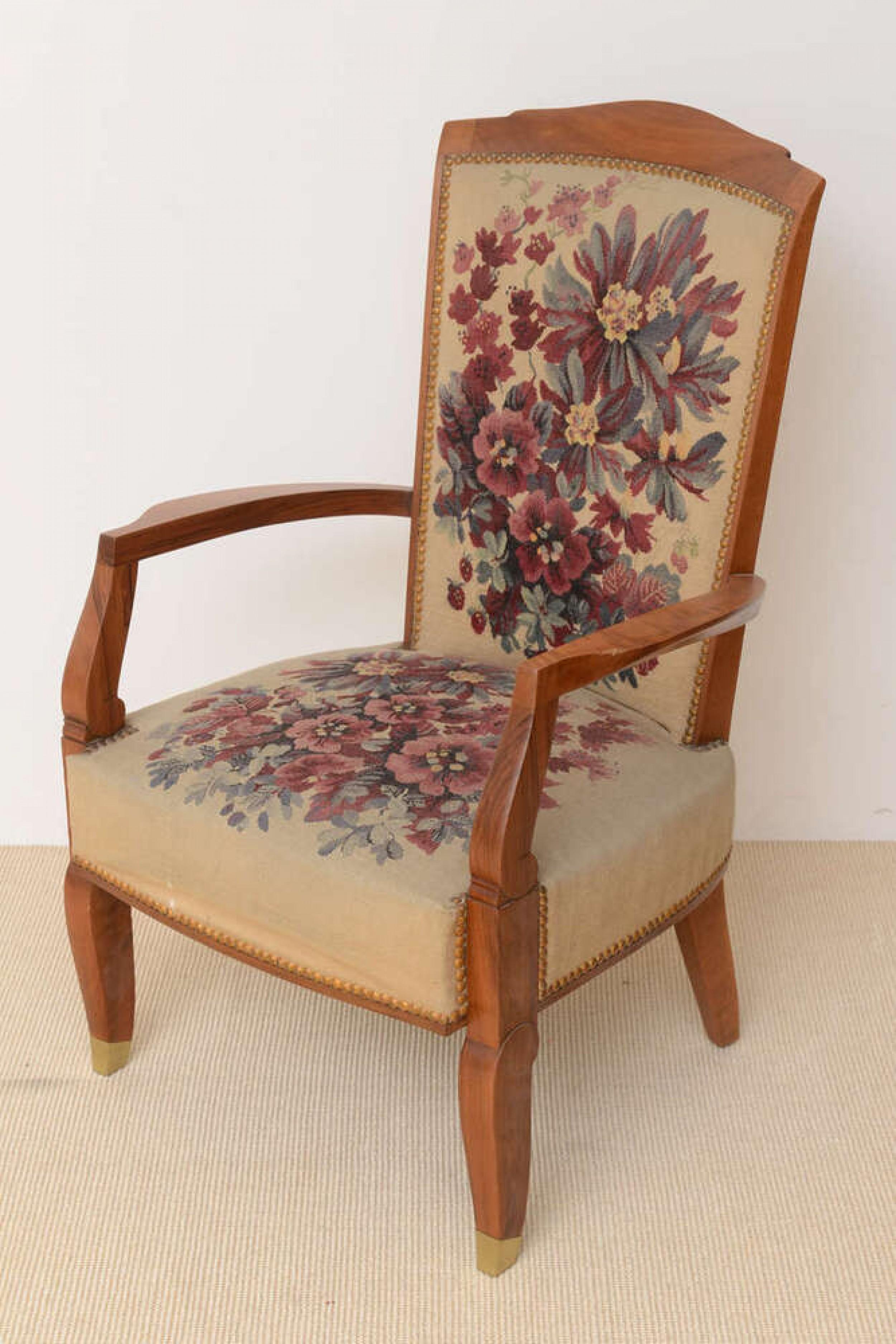 Jules Leleu Late Art Deco French Mahogany Open Armchair in Original Tapestry In Good Condition For Sale In New York, NY