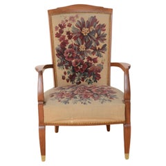 Jules Leleu Late Art Deco French Mahogany Open Armchair in Original Tapestry