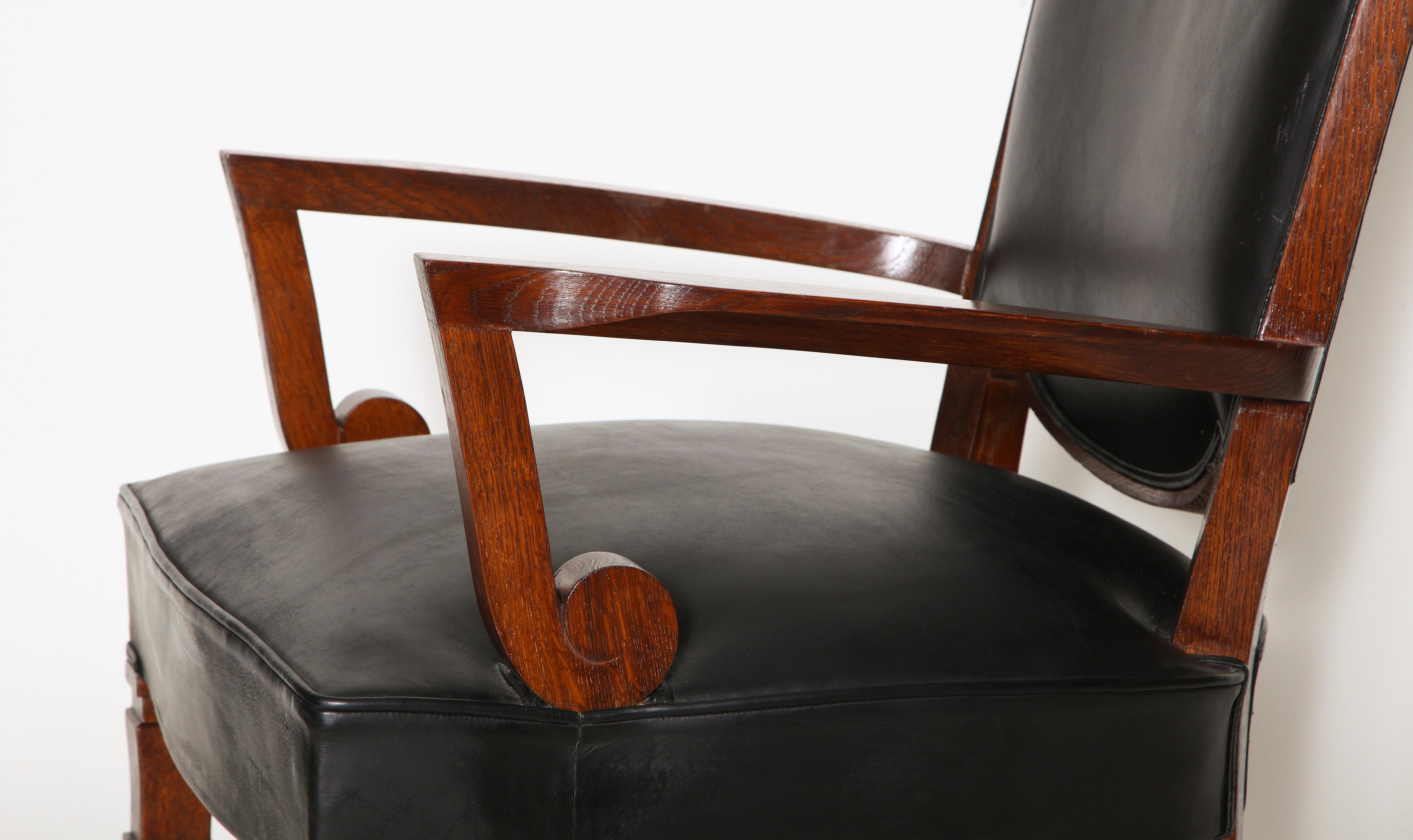 French Jules Leleu, Mahogany and Leather Armchair, France, circa 1945 For Sale