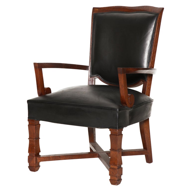 Jules Leleu, Mahogany and Leather Armchair, France, circa 1945 For Sale
