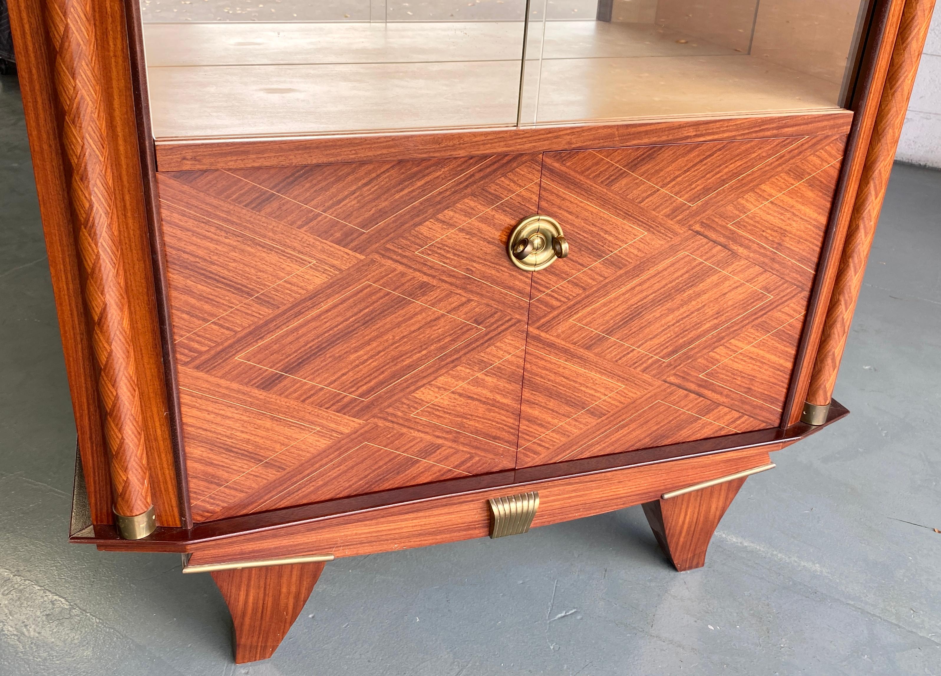 Marquetry Jules Leleu Modernist Dry Bar Cabinet, French Art Deco Display Cabinet For Sale