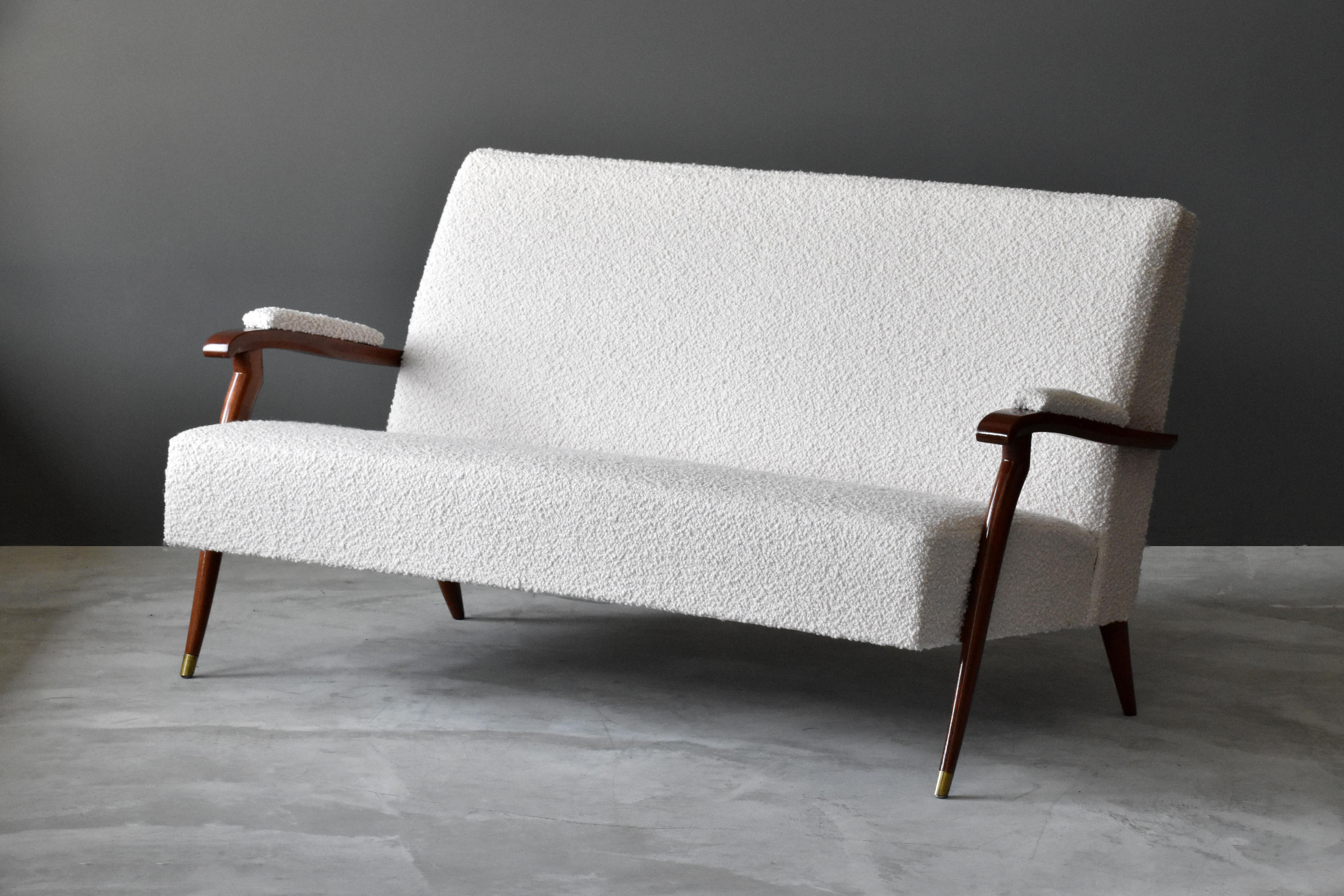 Mid-20th Century Jules Leleu, Modernist Settee, Mahogany, Brass, Bouclé, 1960s, France