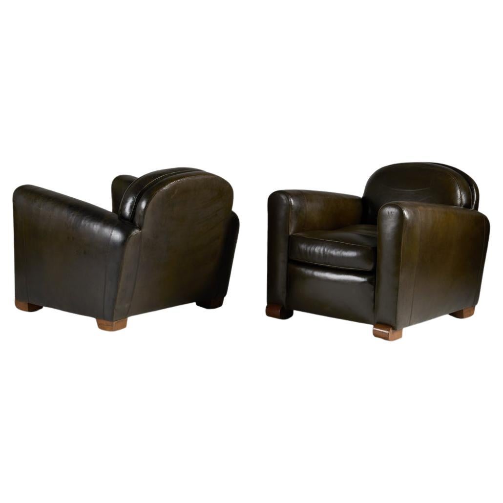 Jules Leleu, Pair of Art Deco Leather Armchairs, France, circa 1930