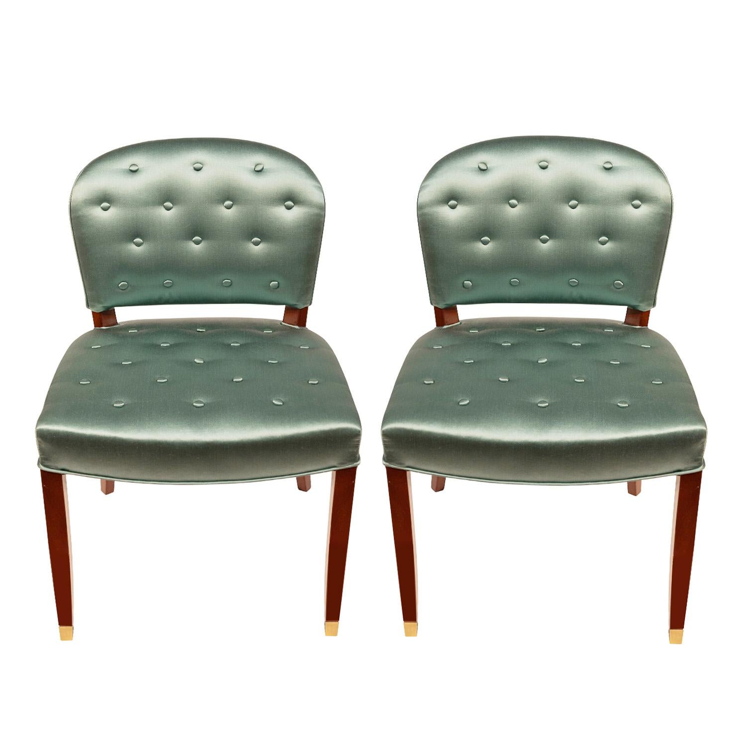 French Jules Leleu Pair of Art Deco Side Chairs in Green Sateen 1950s 'Each Numbered'