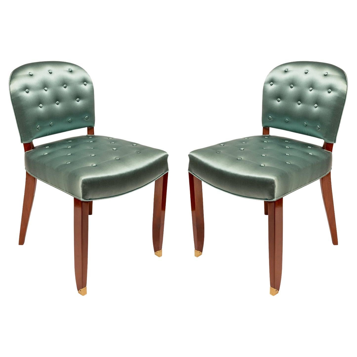 Jules Leleu Pair of Art Deco Side Chairs in Green Sateen 1950s 'Each Numbered'