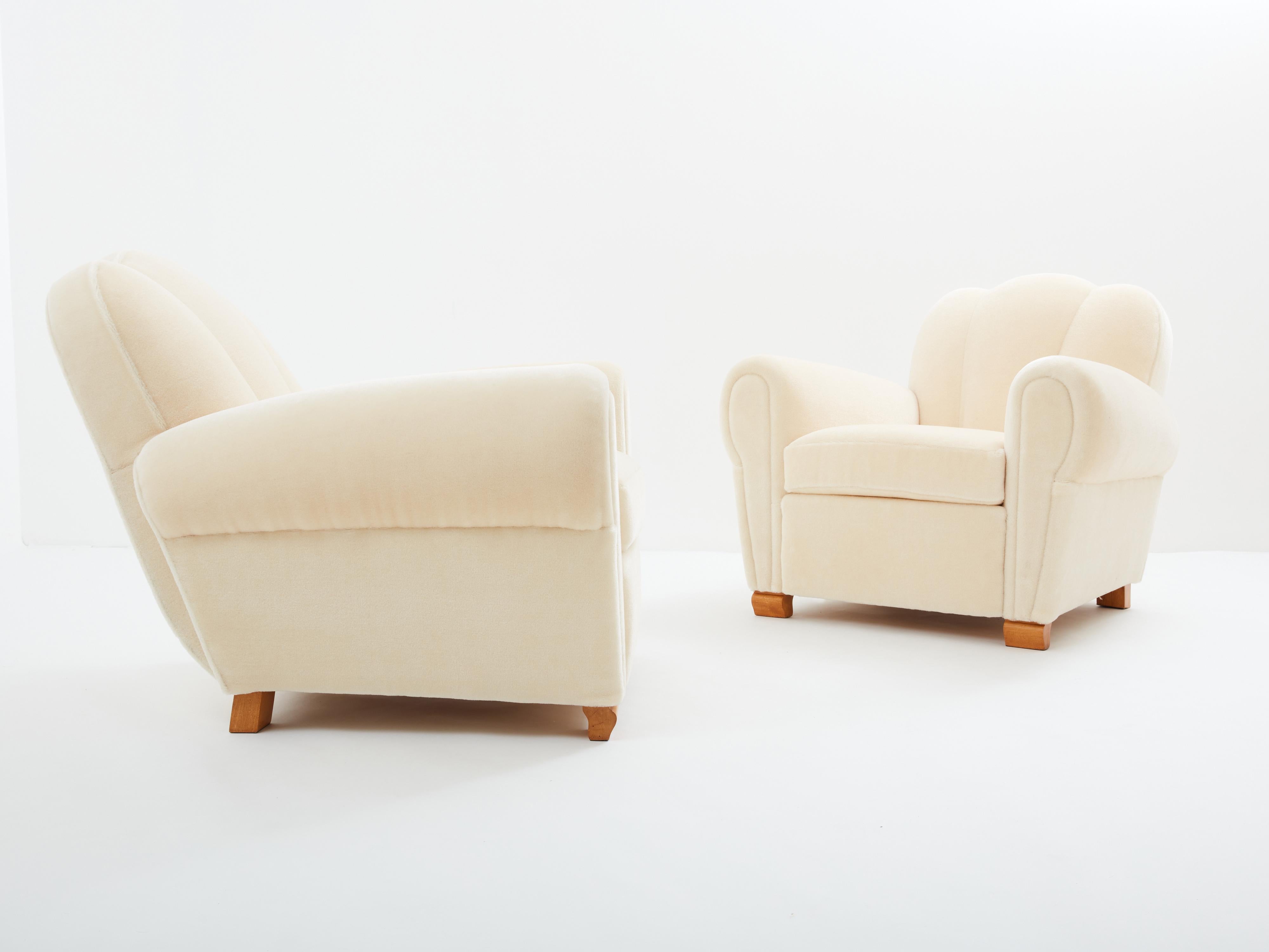 Velvet Jules Leleu pair of club armchairs mohair velvet 1940s