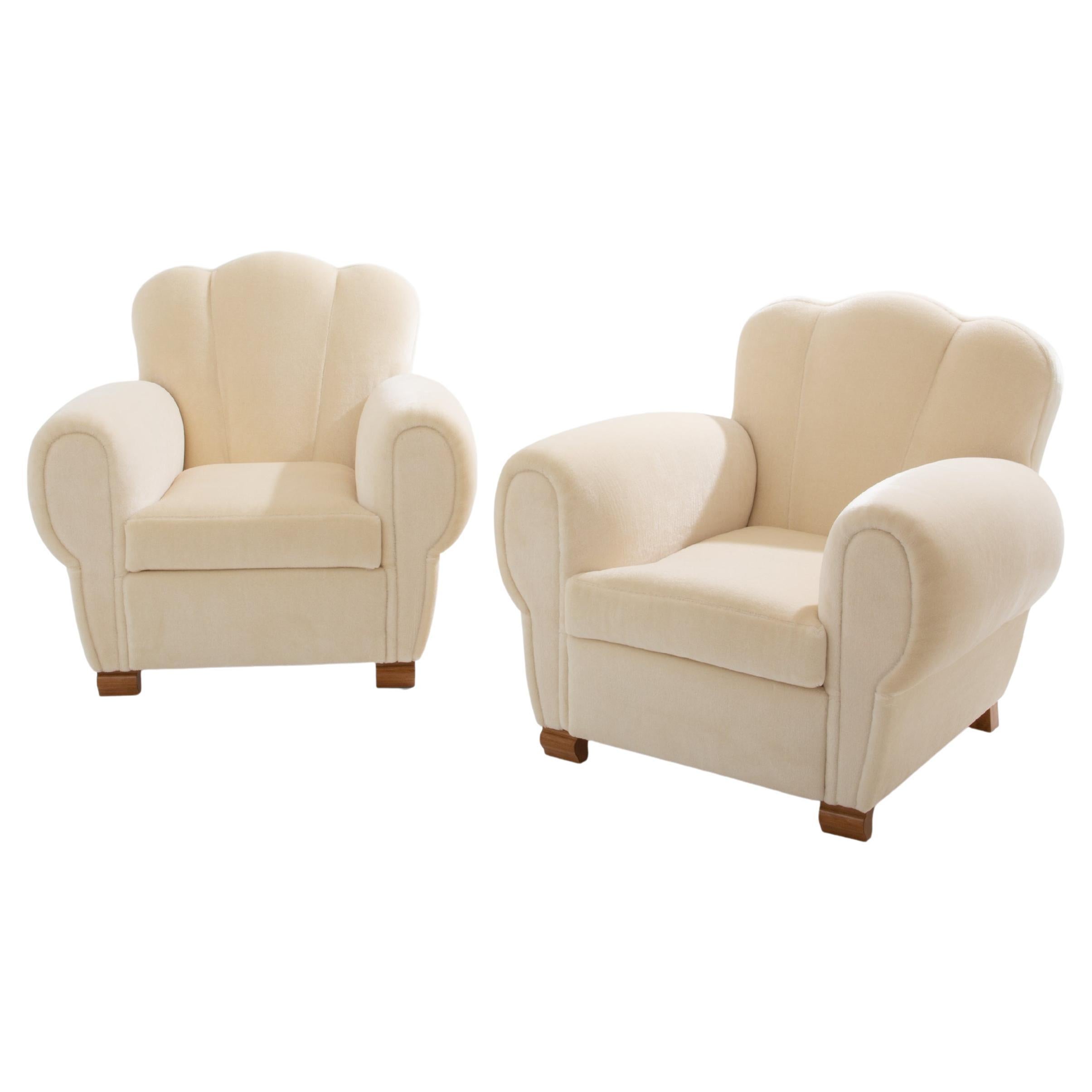 Jules Leleu pareja de sillones club terciopelo mohair blanco años 40