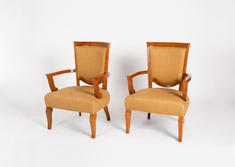 Upholstery Jules Leleu, Pair of Oak Armchairs, France, circa 1948 For Sale