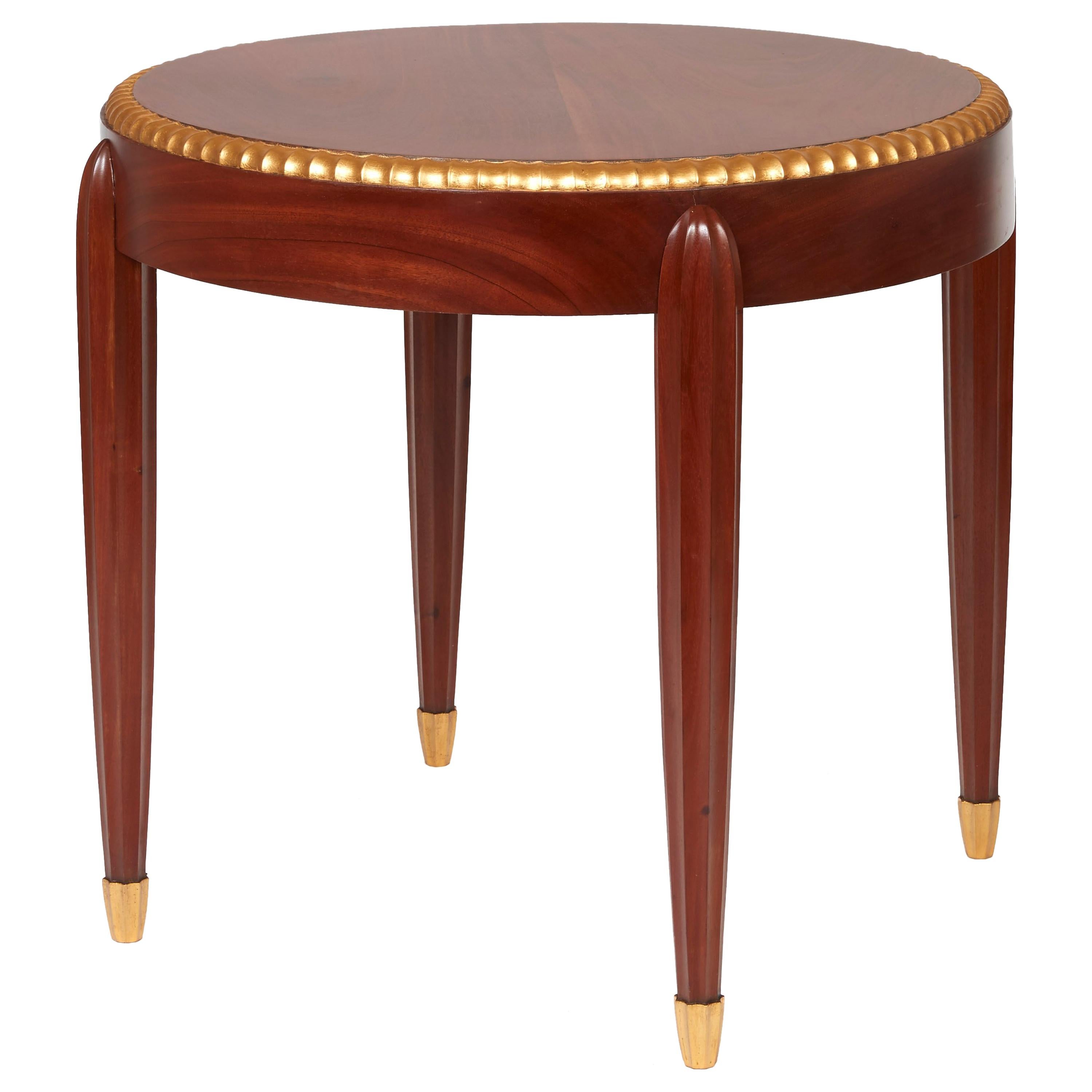 Jules Leleu, Pedestal Table in Mahogany Wood and Golden Leaves, circa 1925