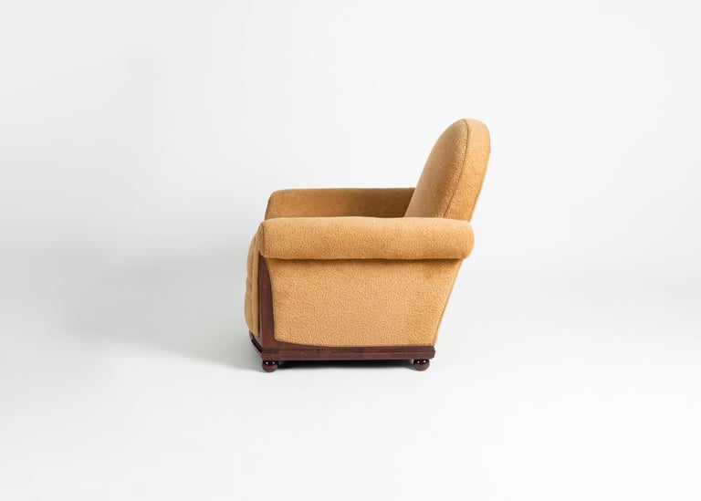French Jules Leleu, Yellow Upholstered Mahogany Art Deco Armchair, France, circa 1926 For Sale