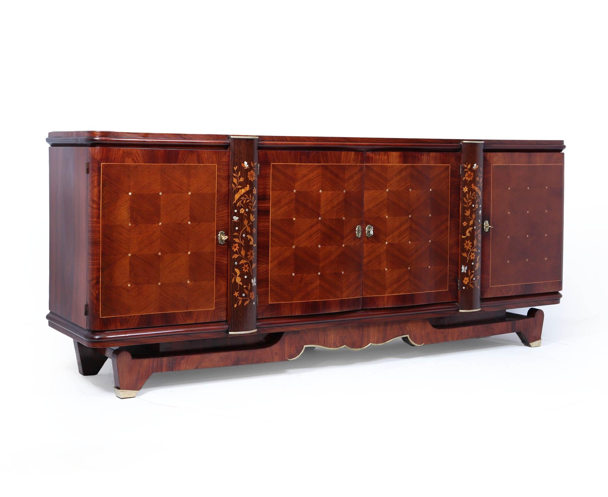 Art Deco Jules Leleu Rosewood & Palmwood Sideboard with Inlay, 1940s For Sale