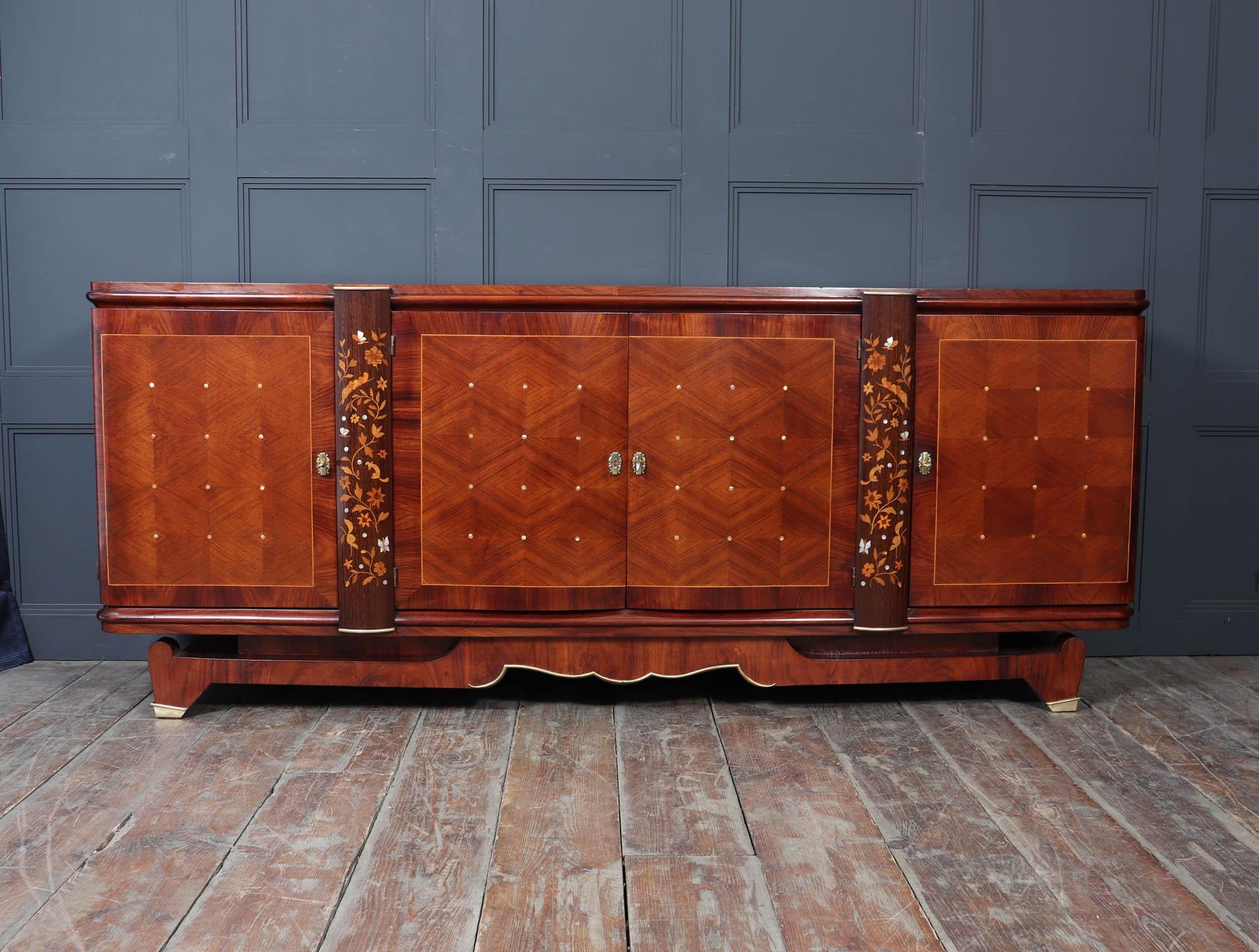French Jules Leleu Rosewood & Palmwood Sideboard with Inlay, 1940s For Sale