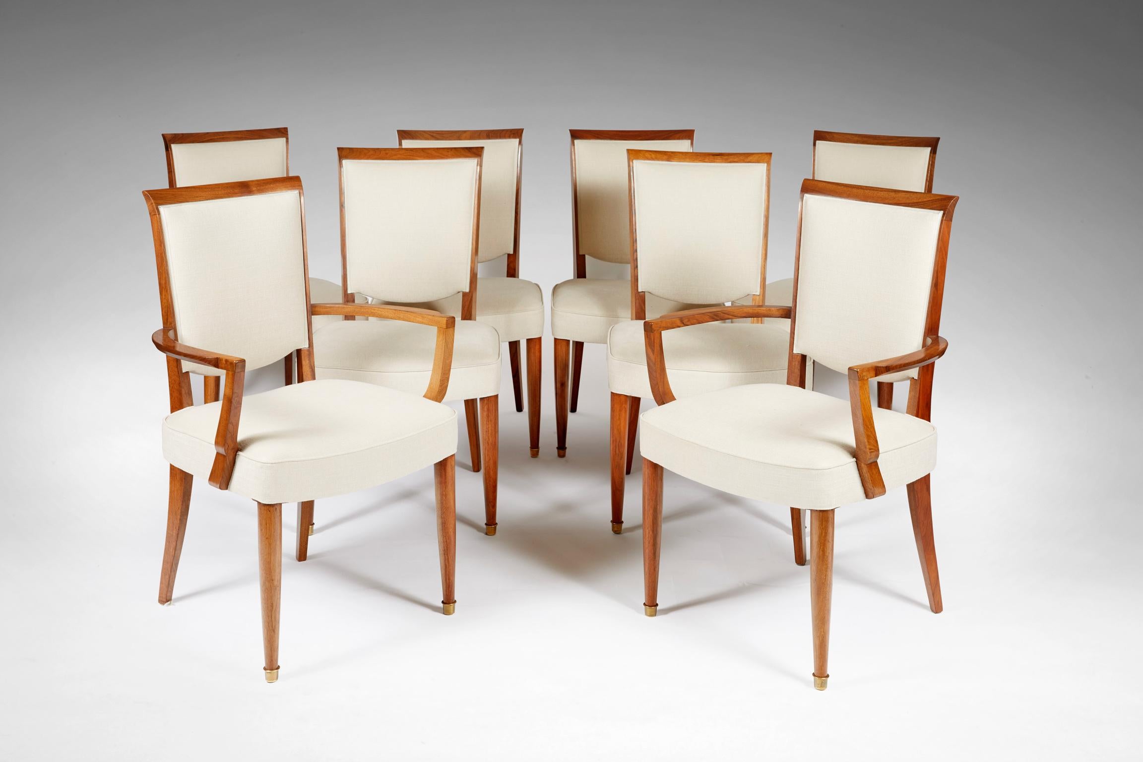 French Jules Leleu Set of Six Chairs and Two Armchairs, circa 1930